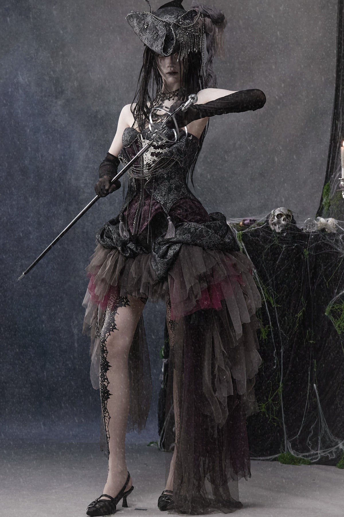 Gothic Dark Mesh Asymmetrical Skirt