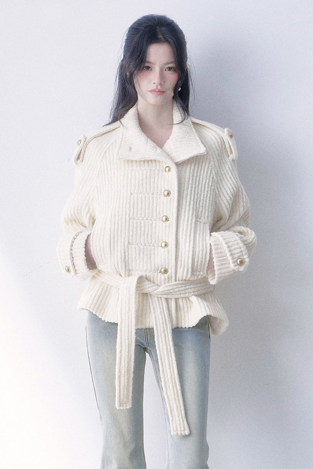 Textured Wool Stand Collar Coat