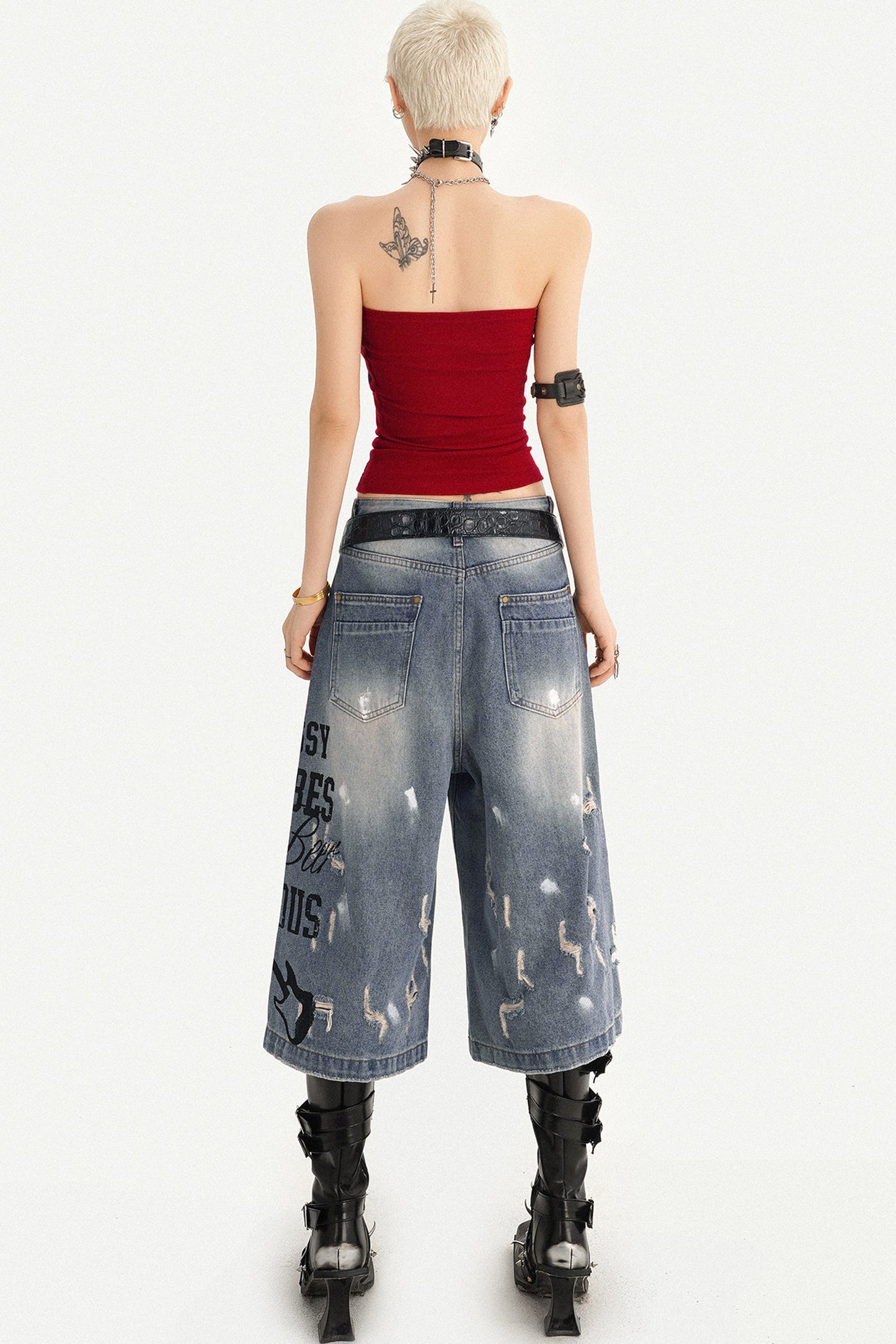 Distressed Letter Print Wide Leg Denim Pants