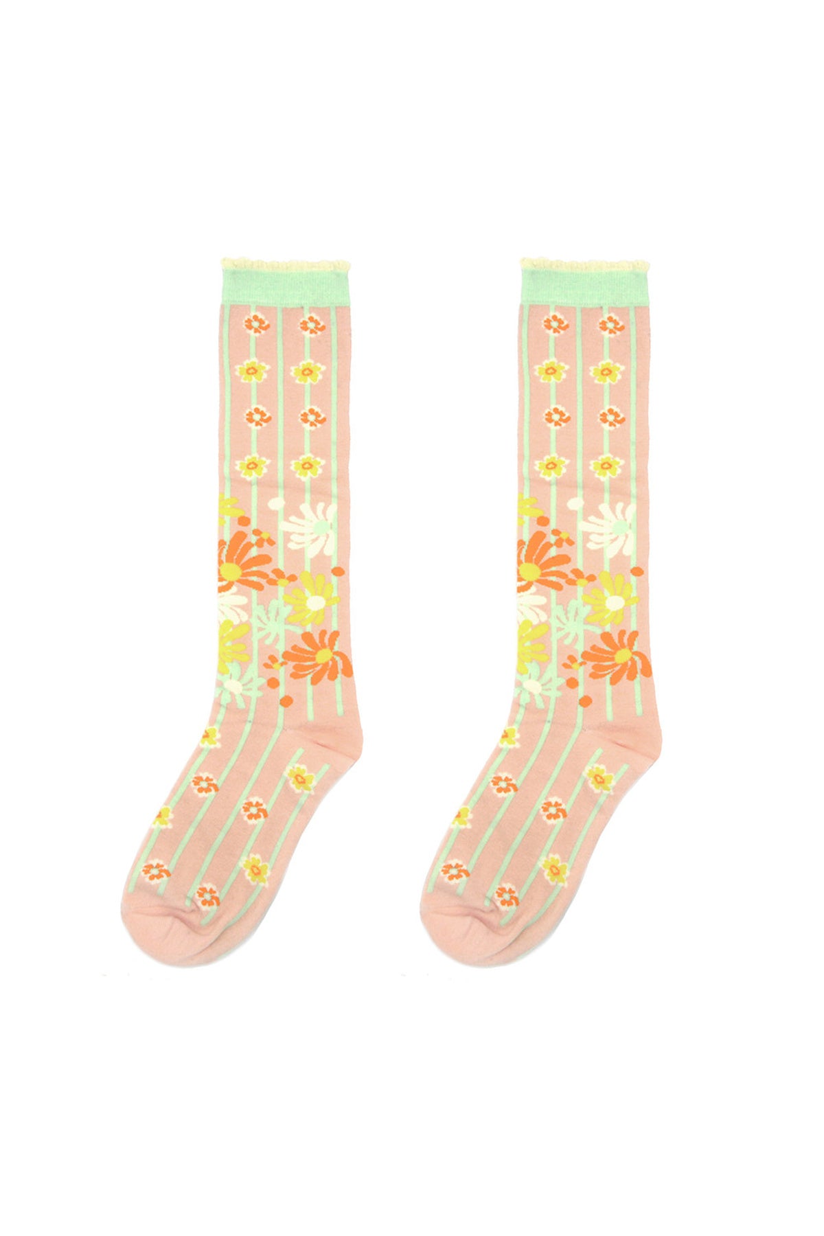 Floral Jacquard Striped Mid-Calf Socks