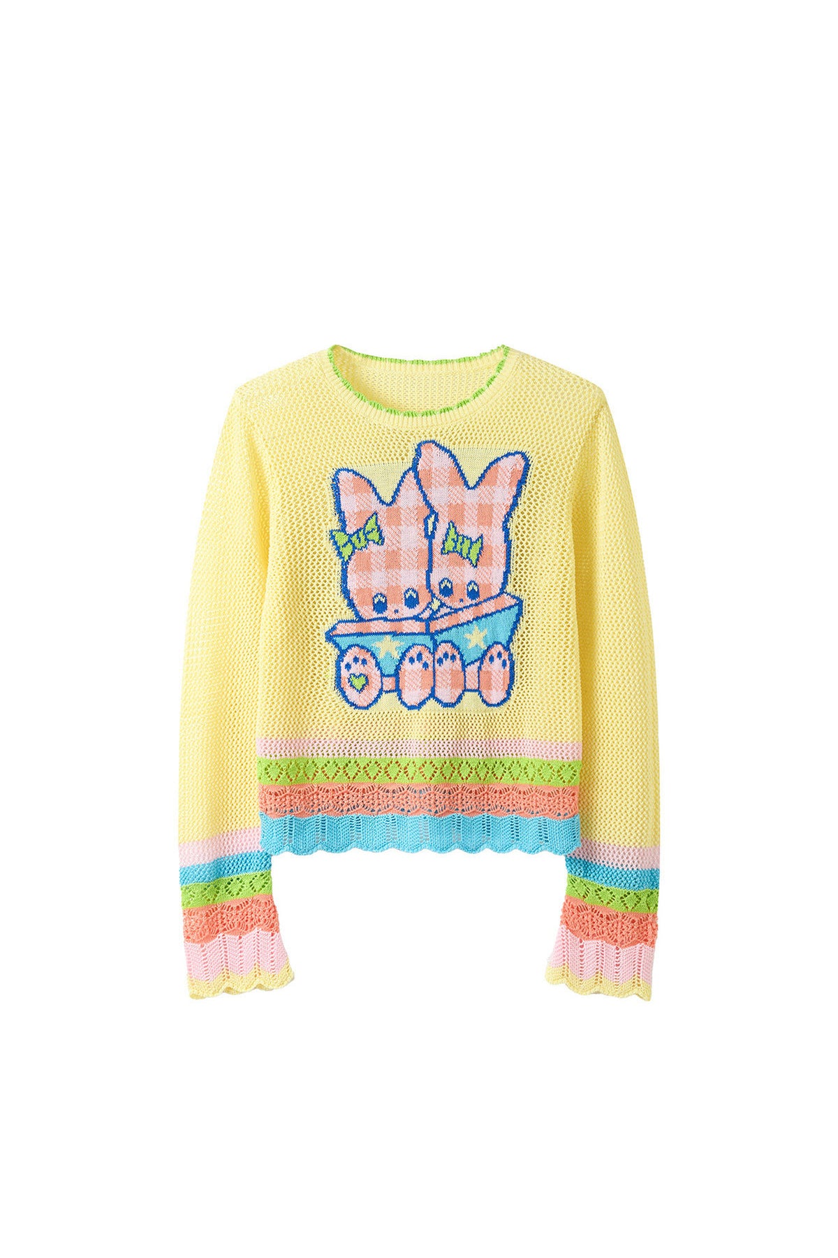 Gelber Netzstrickpullover mit Herz-Lochmuster
