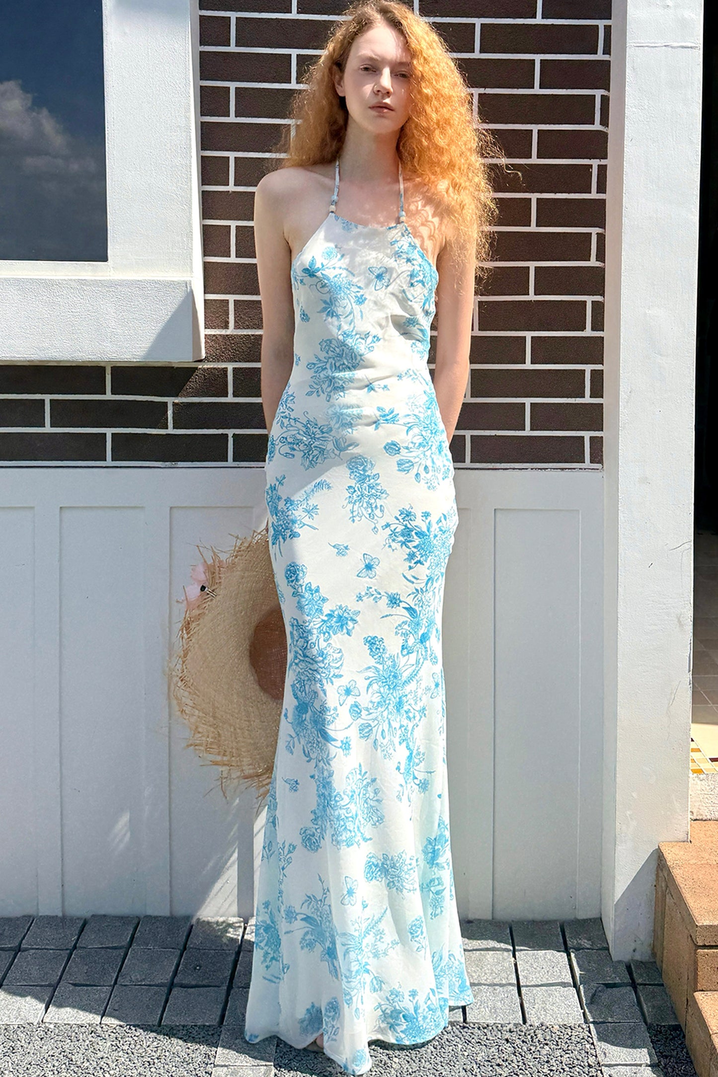 Blue Porcelain Floral Halter Maxi Dress