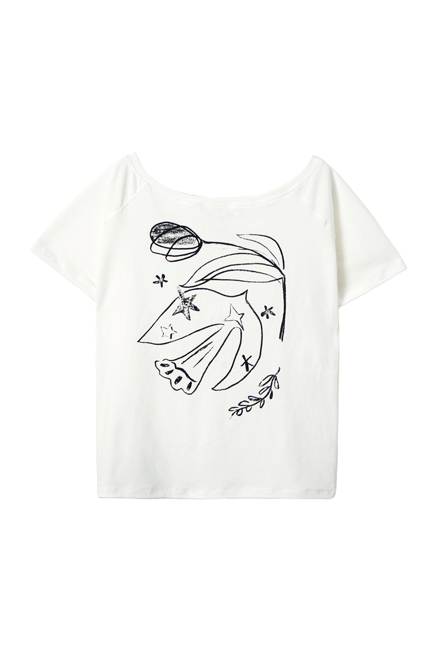 Bird And Tulip Print One-Shoulder Tencel T-Shirt