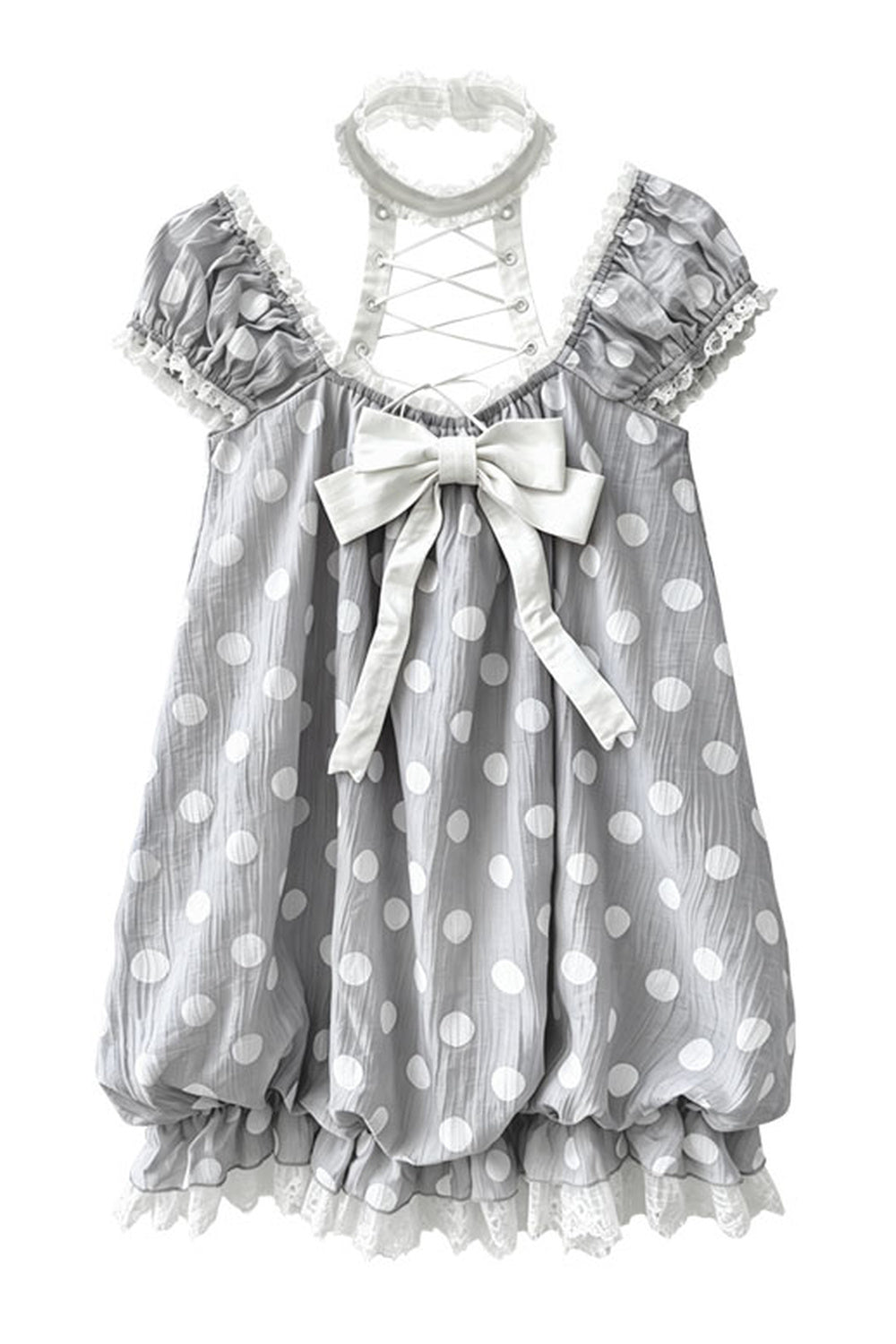 Polka Dot Lace-Up Puff Sleeve Dress