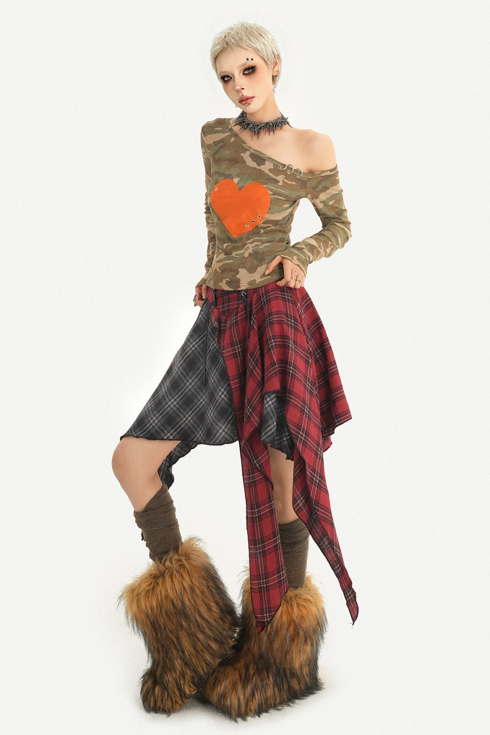 Irregular Plaid High Waist Tie A-Line Skirt