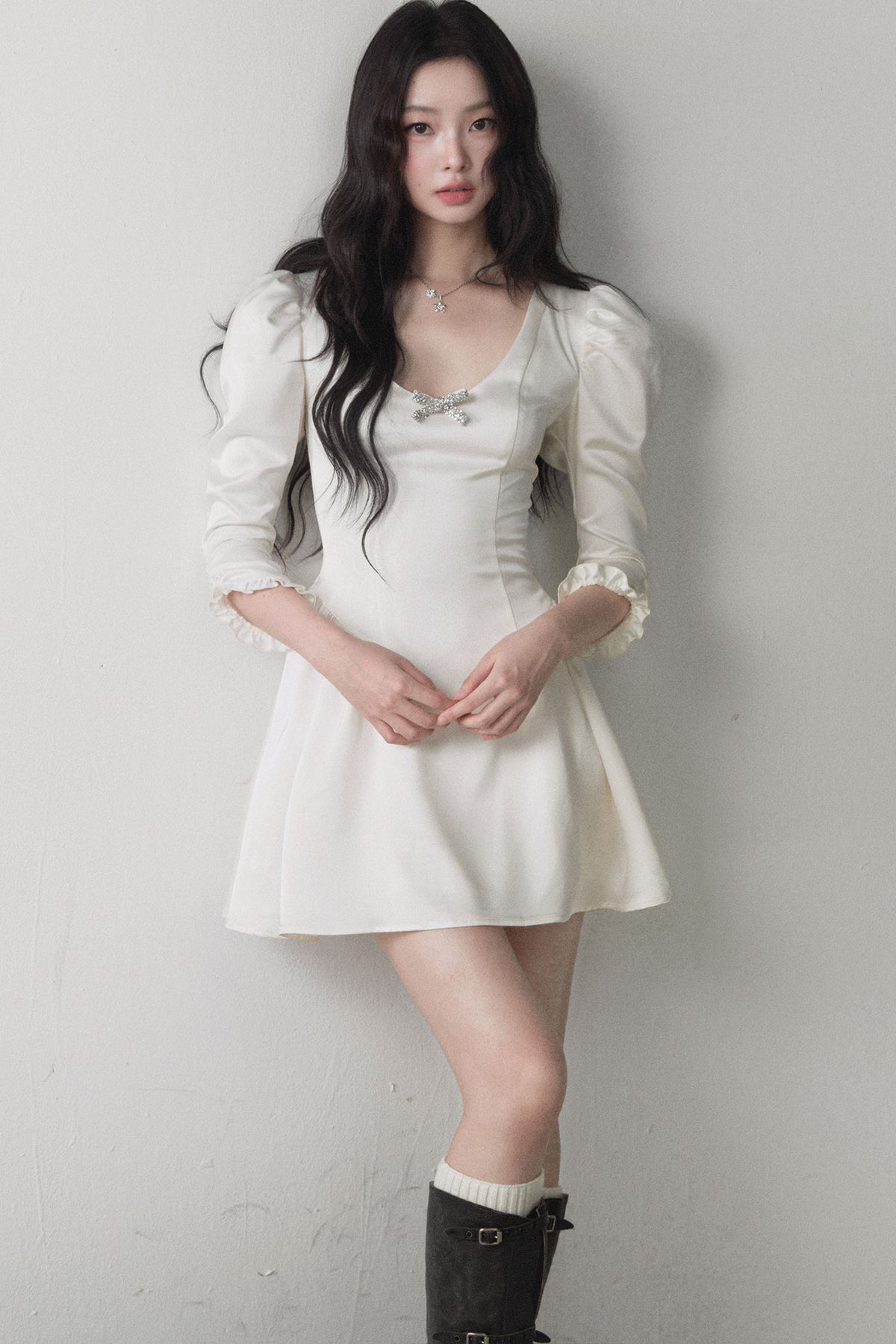 Glossy Satin Bow U-Neck Dress