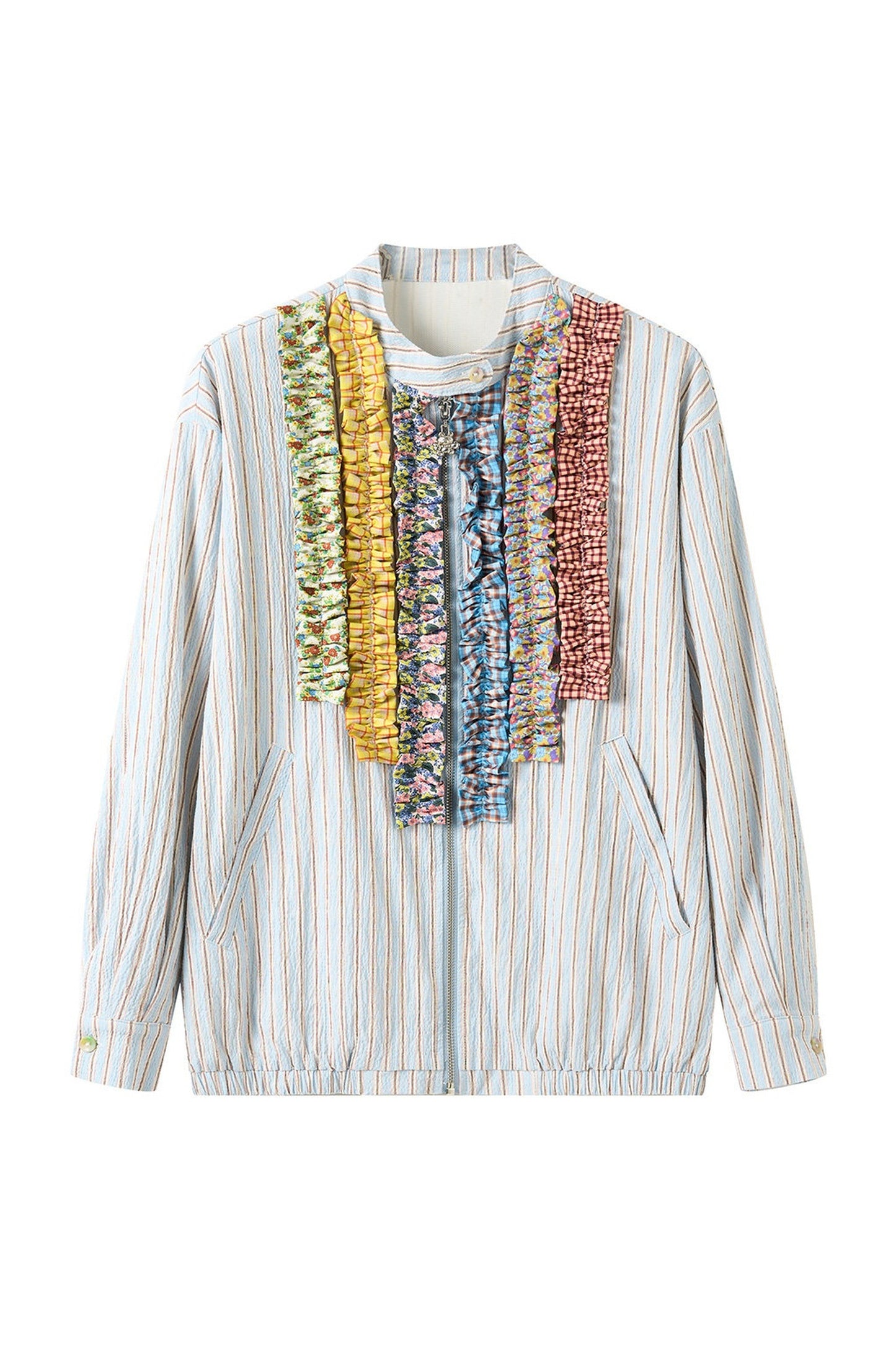 Blue White Striped Lace Trim Stand Collar Sweatshirt