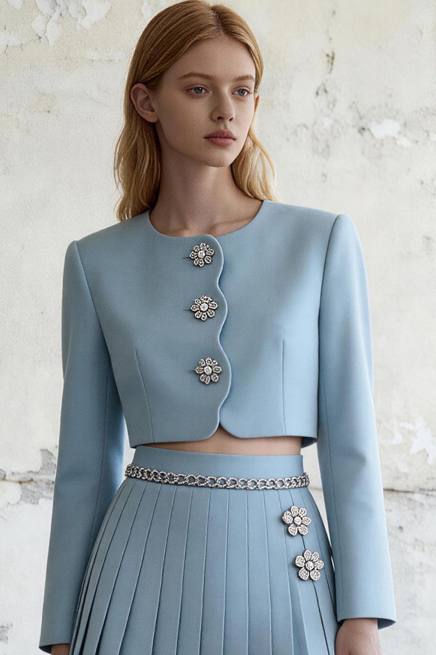 Blue Pleated Skirt And Jacket Set