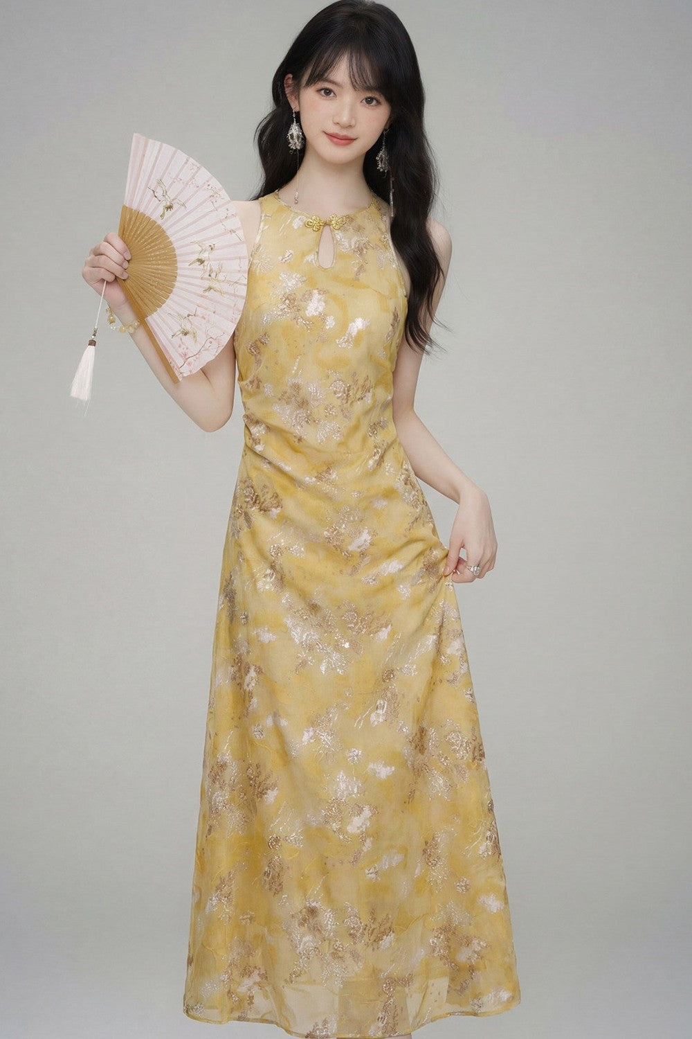 New Chinese Gold Jacquard Dress