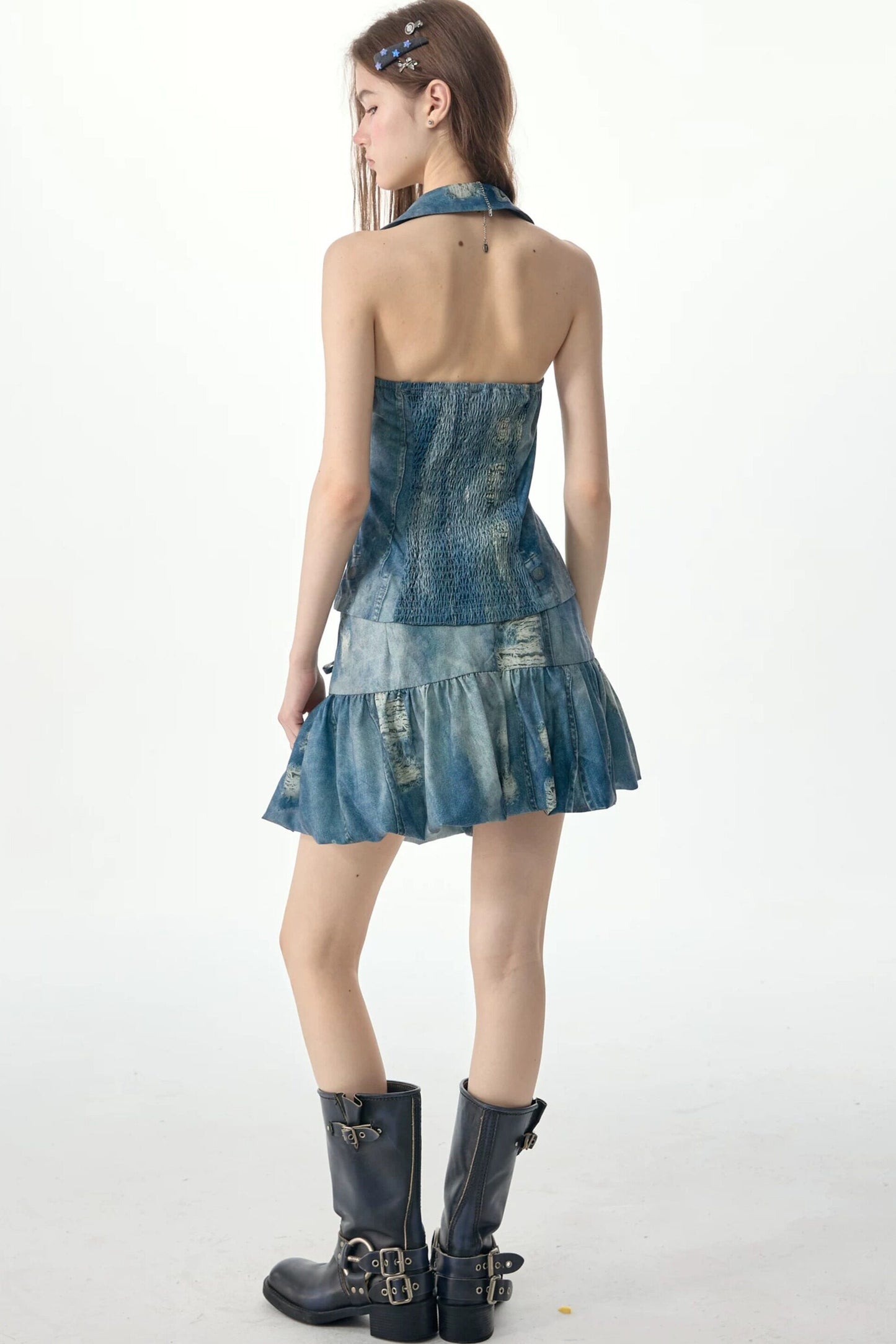 Distressed Puffy Denim Mini Skirt