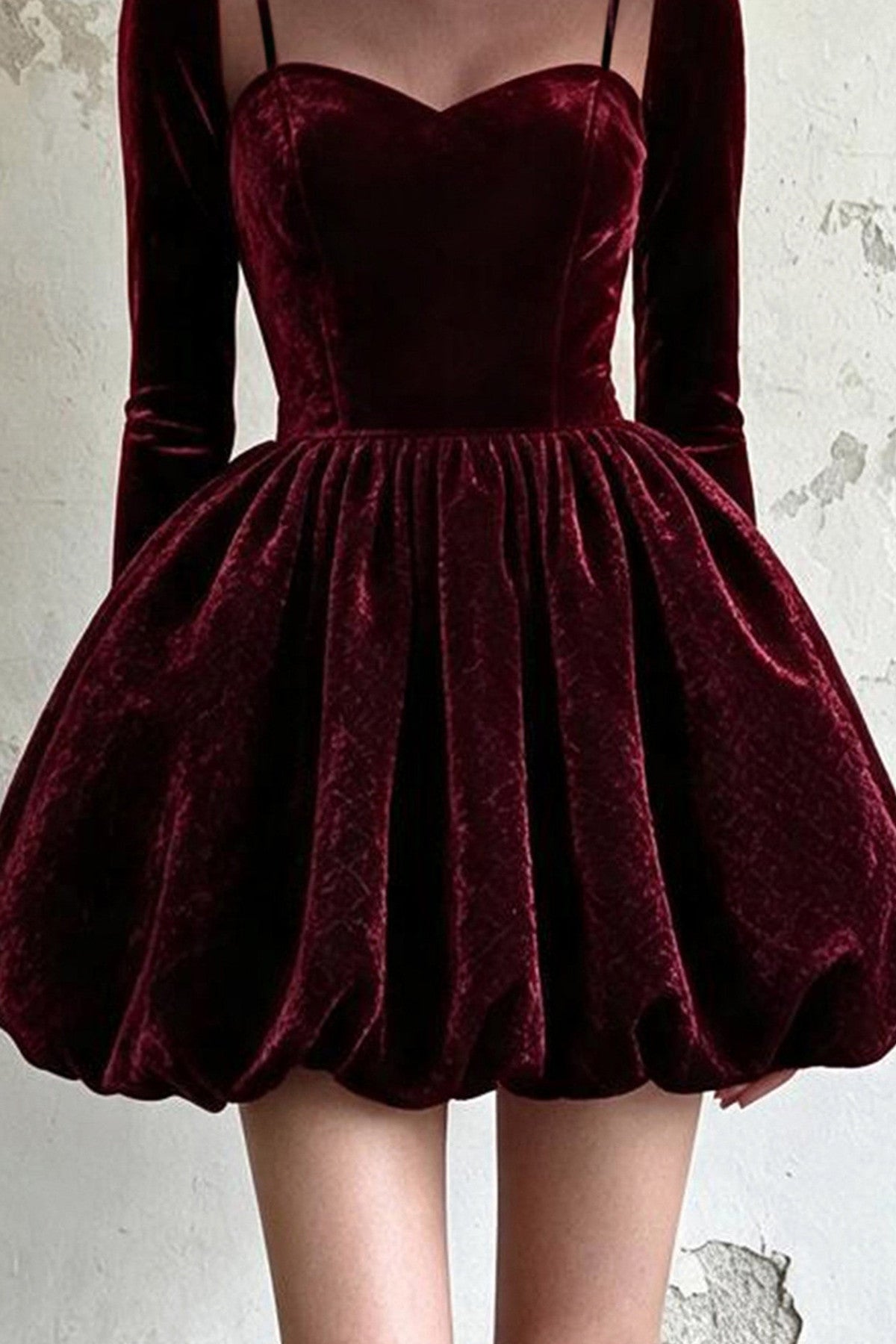 Straight Velvet High Neck Puff Dress