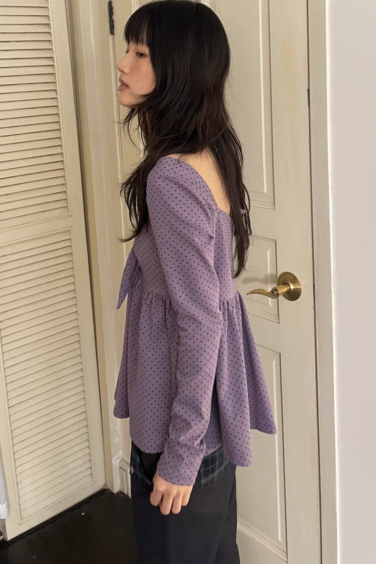Polka Dot Bow-Tie V-Neck Long-Sleeved Blouse