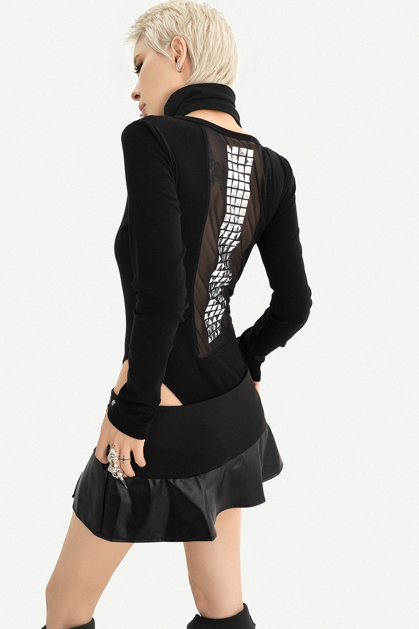 Studded Leather Pleated Mini Skirt