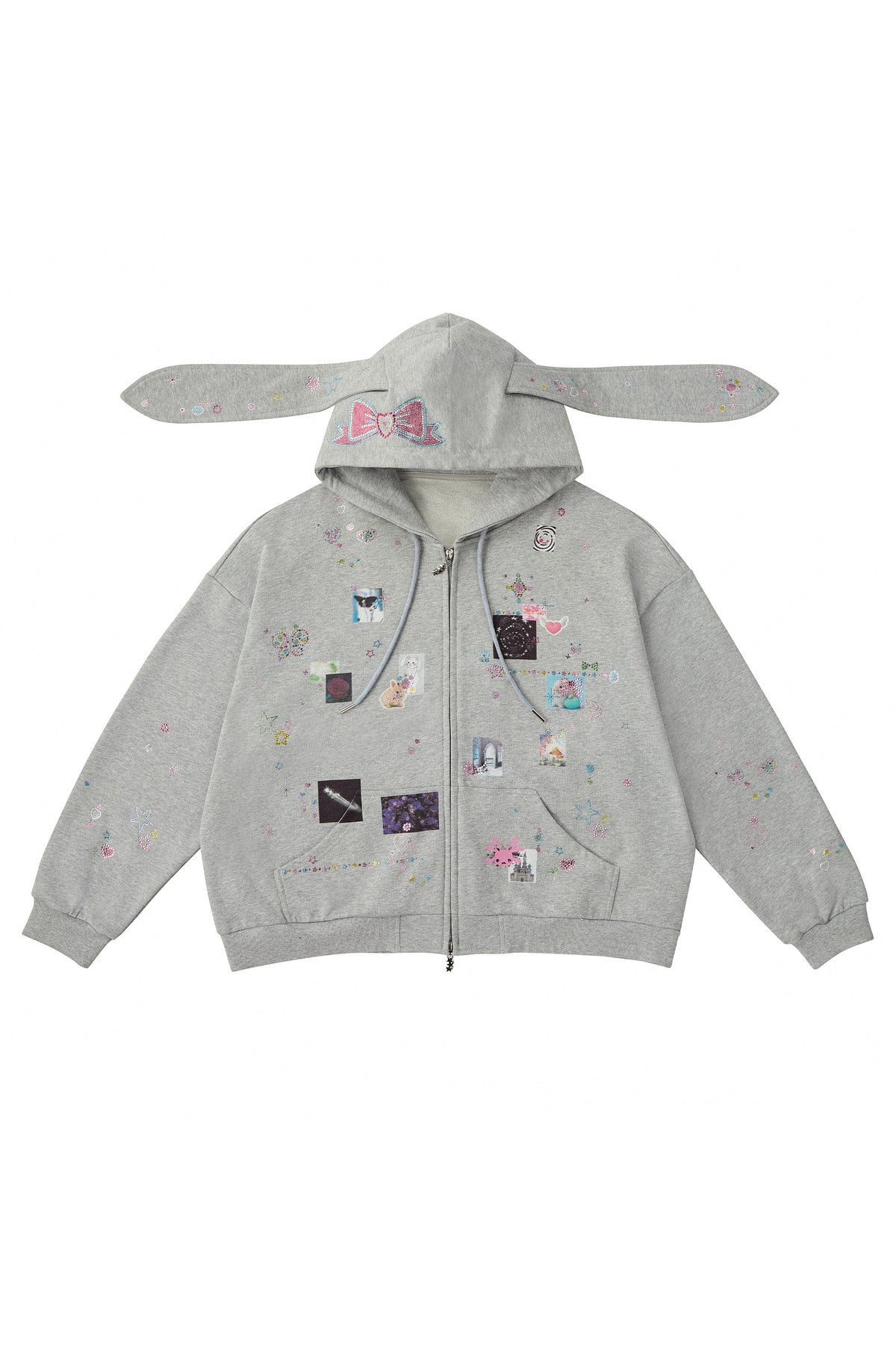 Bunny Ear Rhinestone Sticker Sweat Jacket
