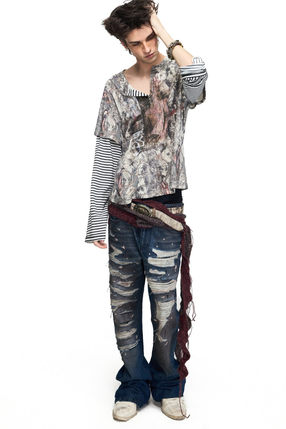 Striped Layered-Look Classical Print T-shirt