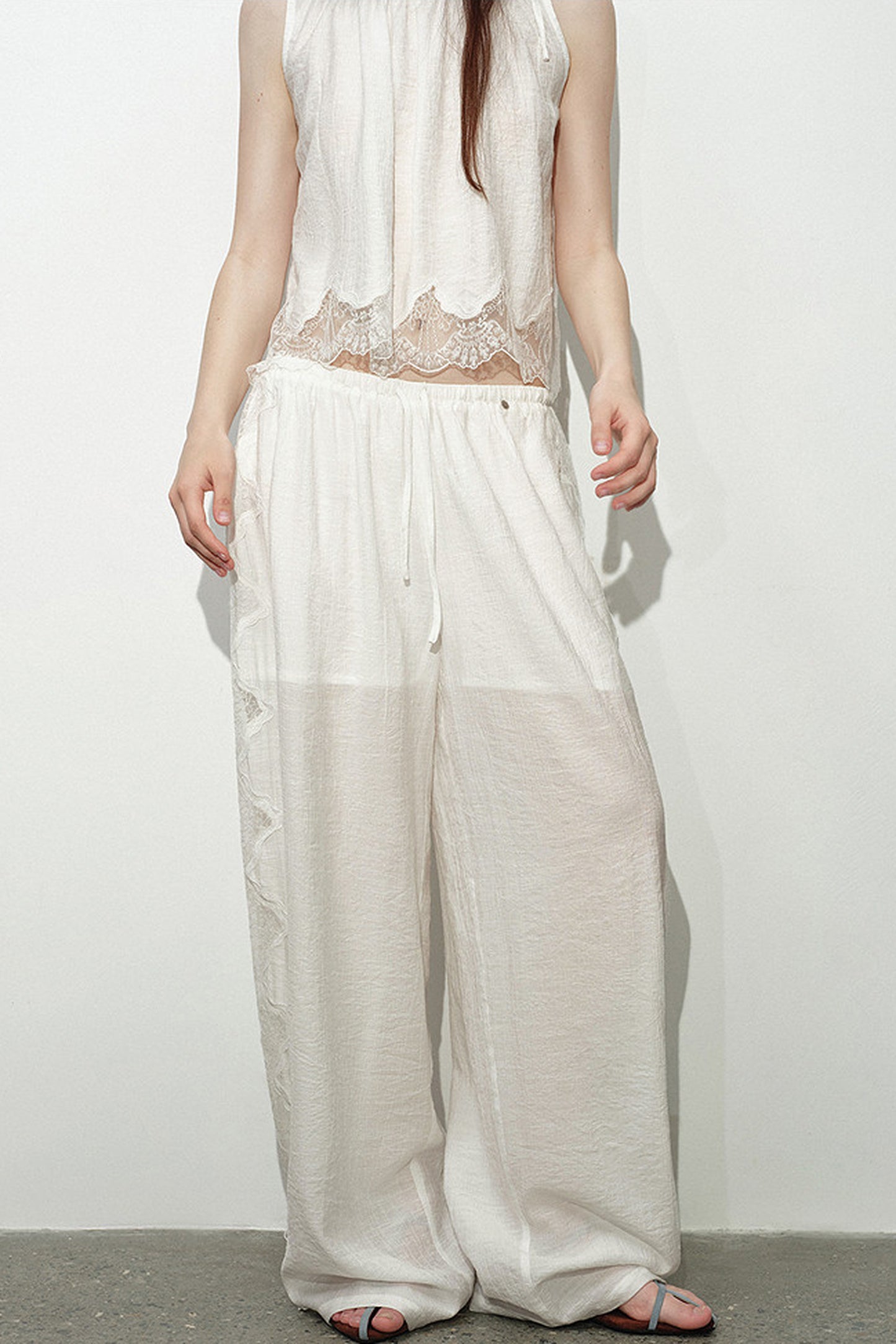 White Lace Trim Tank Top and Pants Set