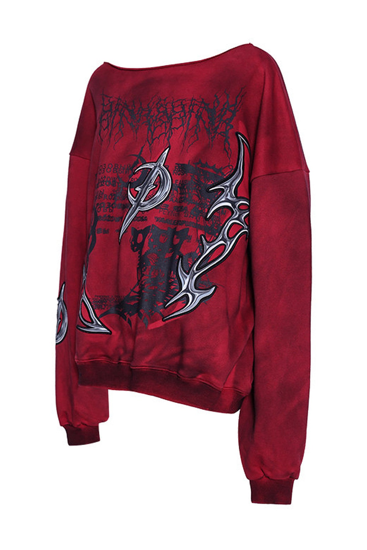 3D Embroidery Off-Shoulder Distressed Print Sweatshirt