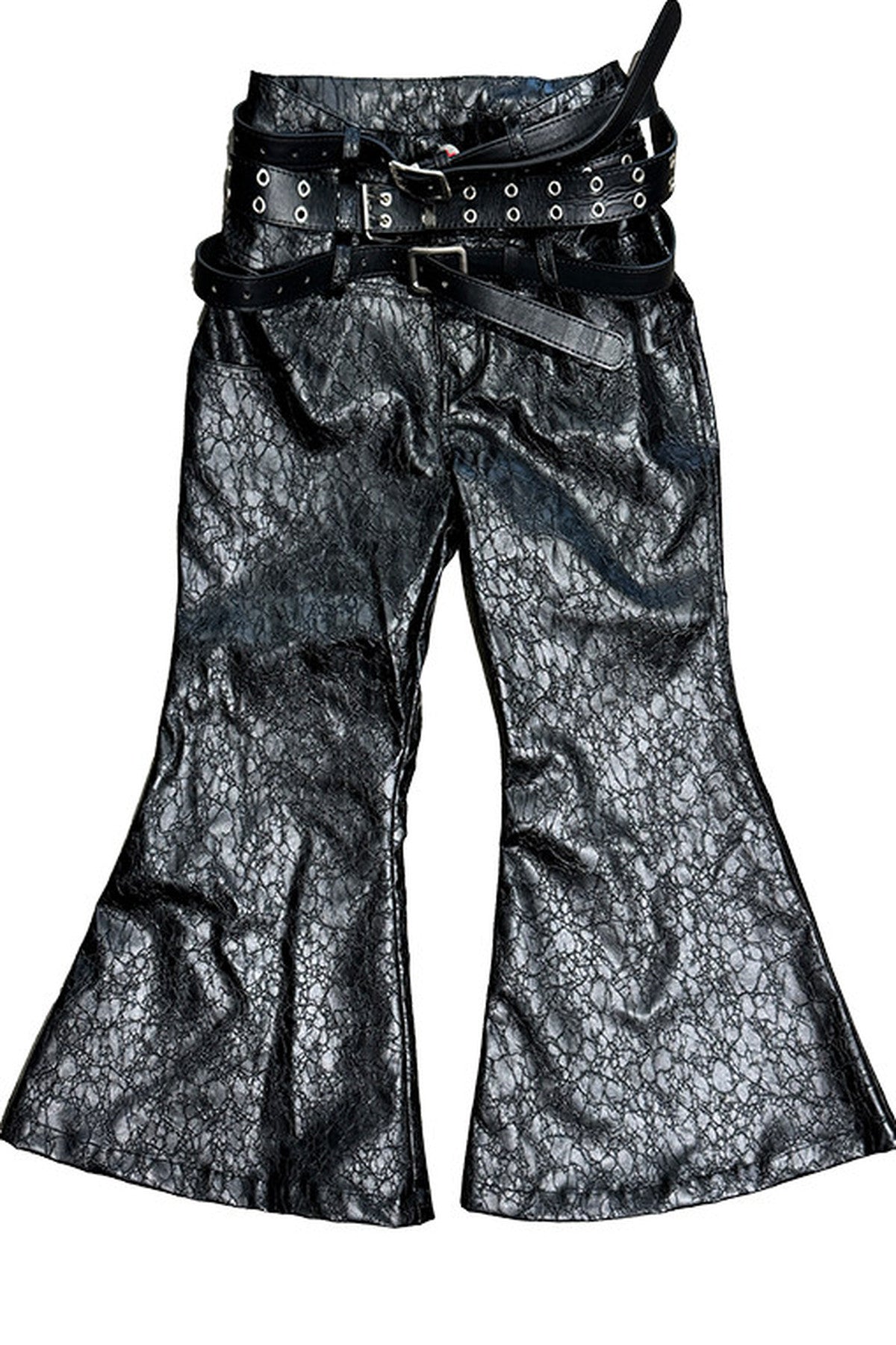 Three-Belt Croc PU Flared Pants