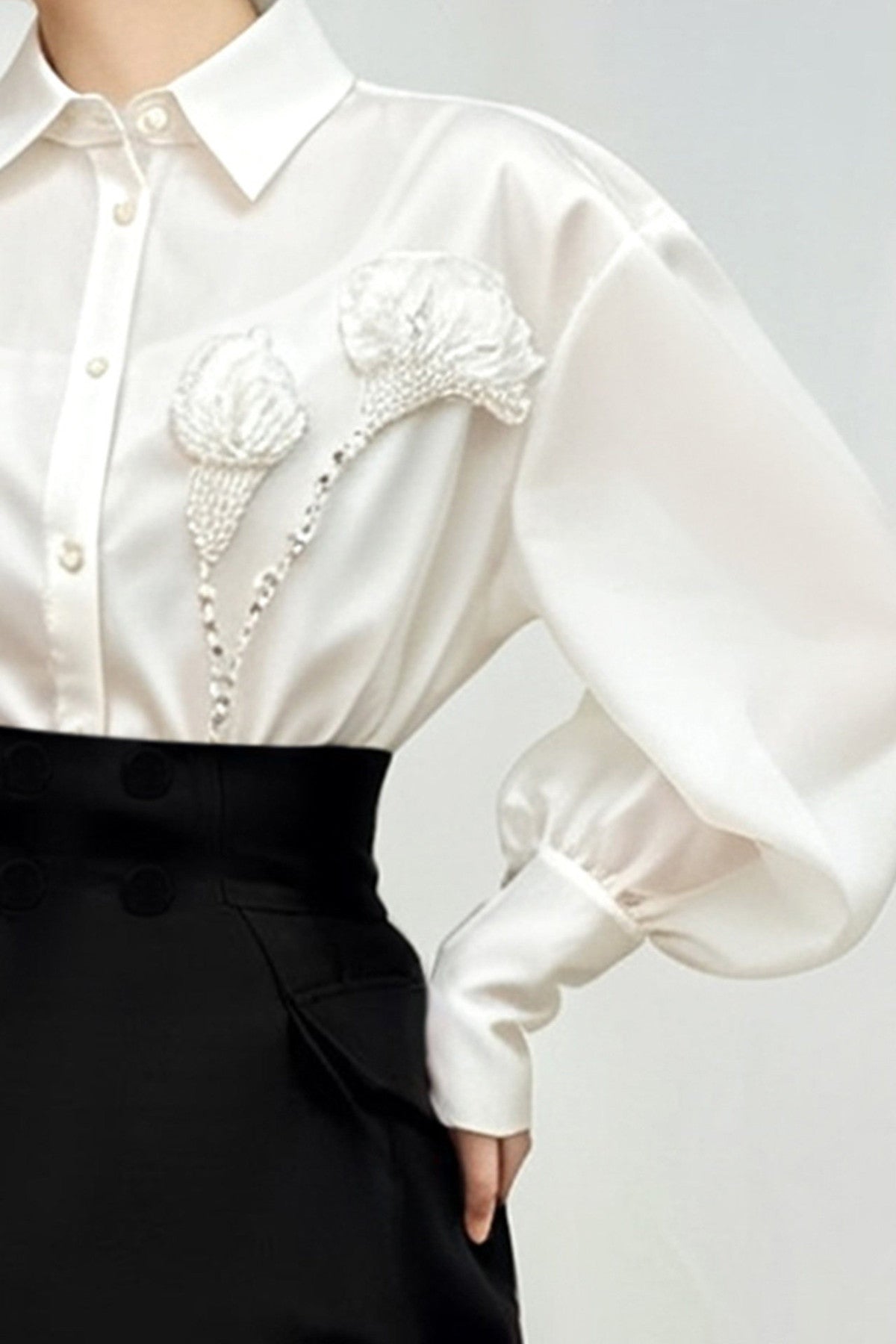 Satin Puff Sleeve Ruffle Blouse