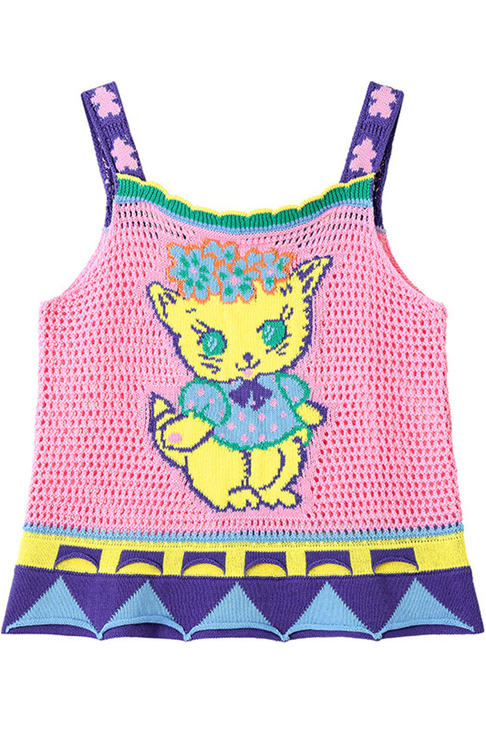 Gilet en maille ajourée à motif chaton rose