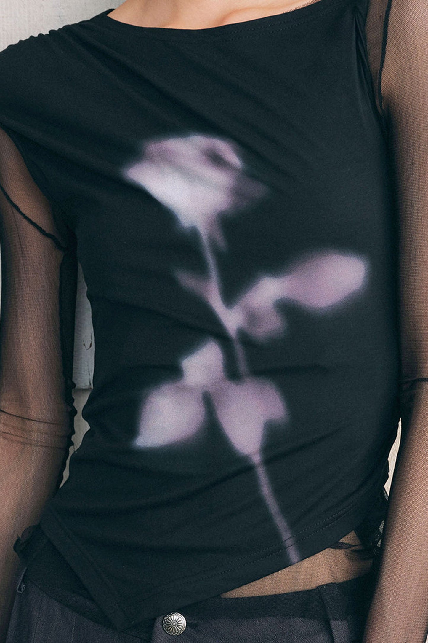 Asymmetric Off-Shoulder Rose Print Mesh Top