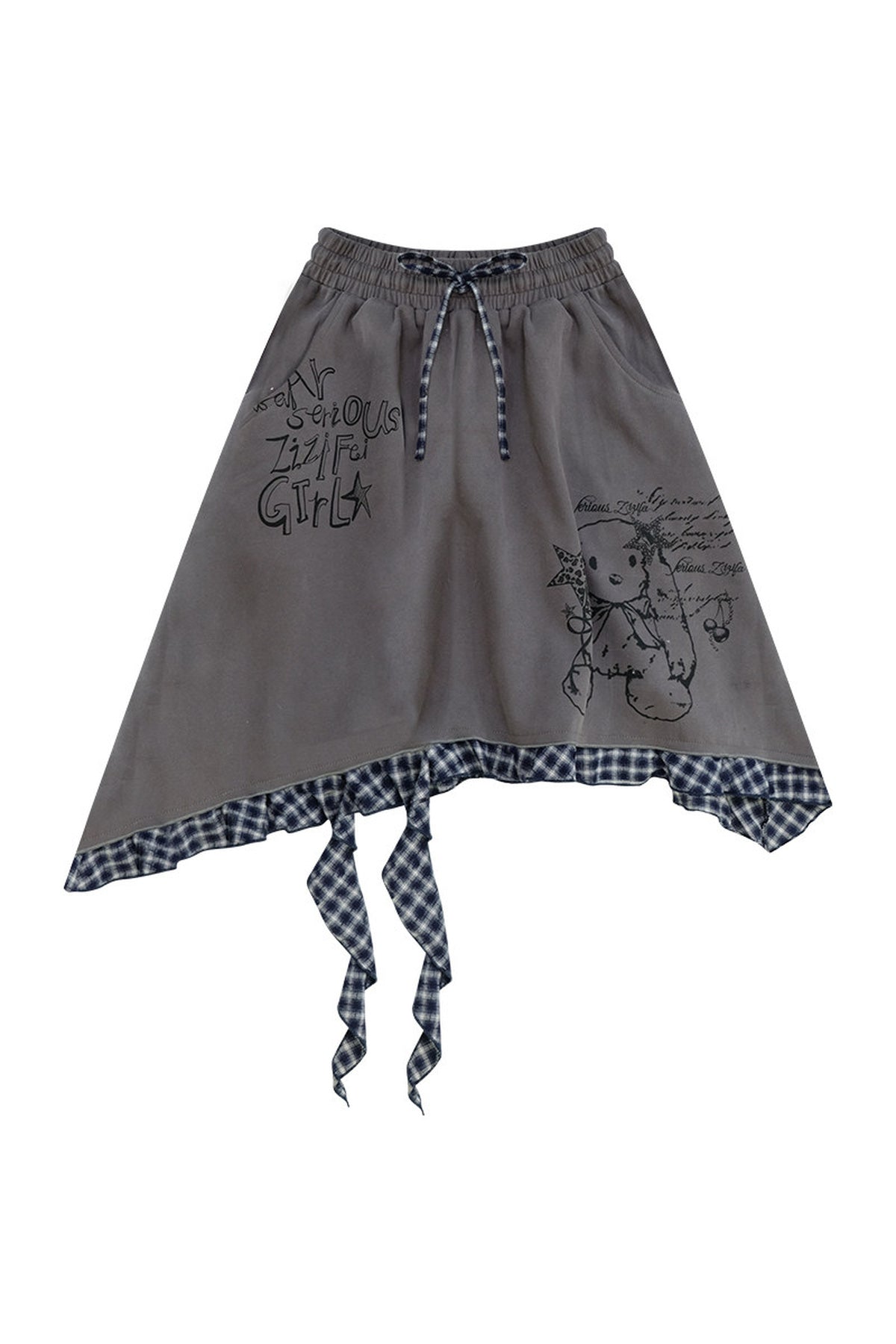 Plaid Graffiti Rabbit Irregular Hem Skirt