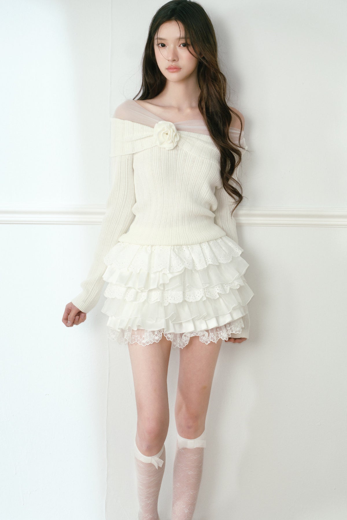 3D Rose Off-Shoulder Ribbed Knit Top