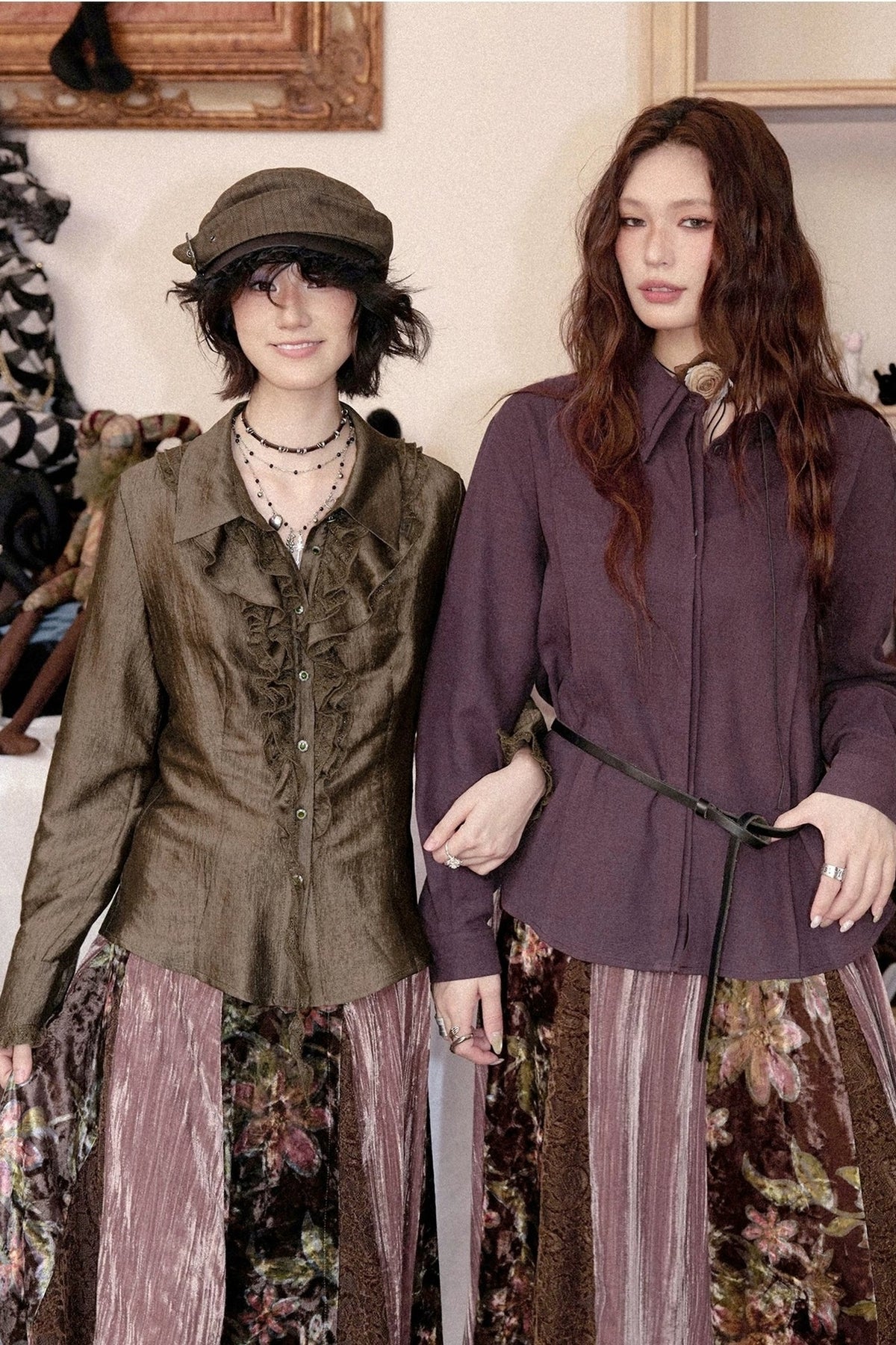 Ruffled Acetate Chiffon Shirt and Skirt Set-Up