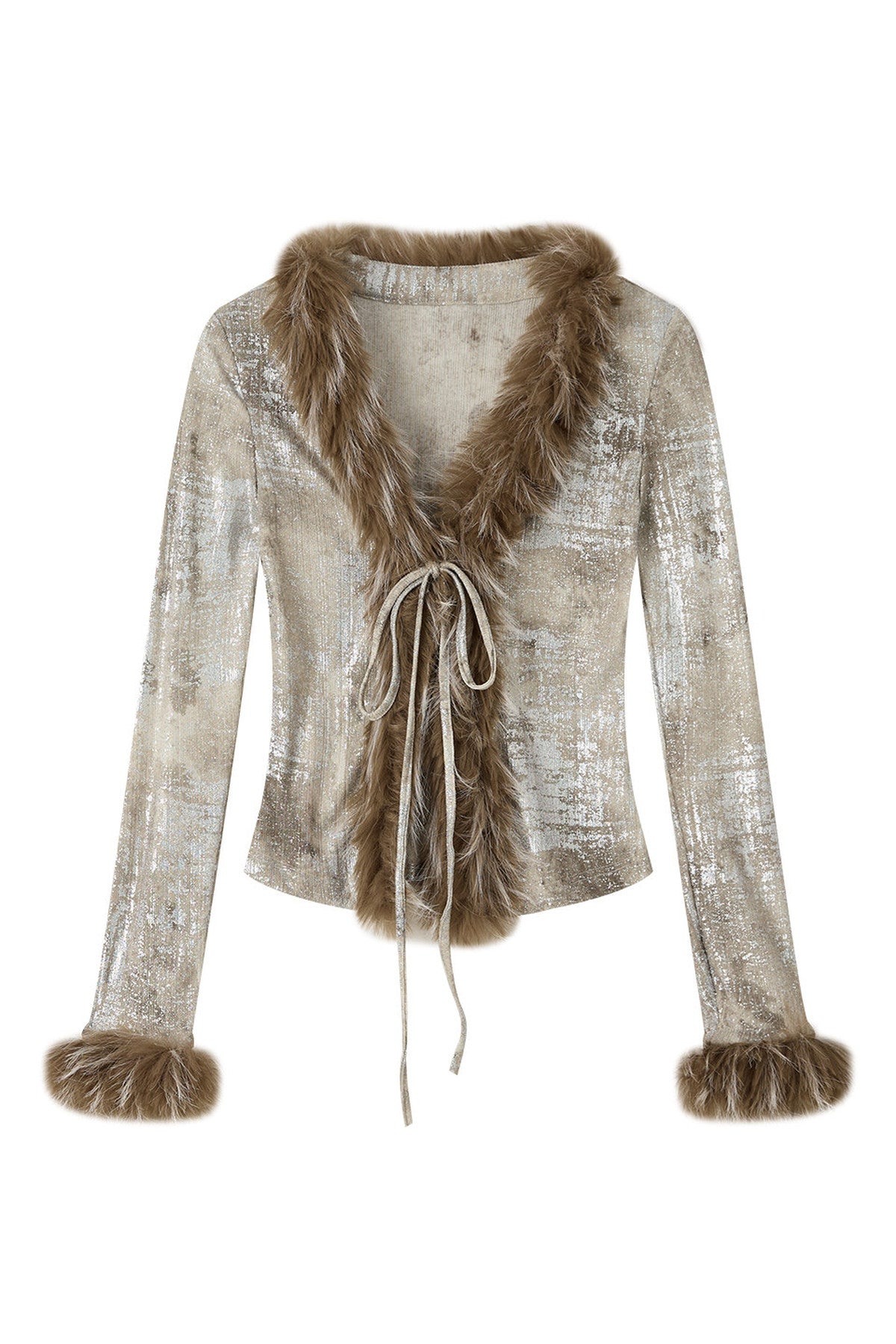 Fur Collar V-Neck Long-Sleeve T-Shirt