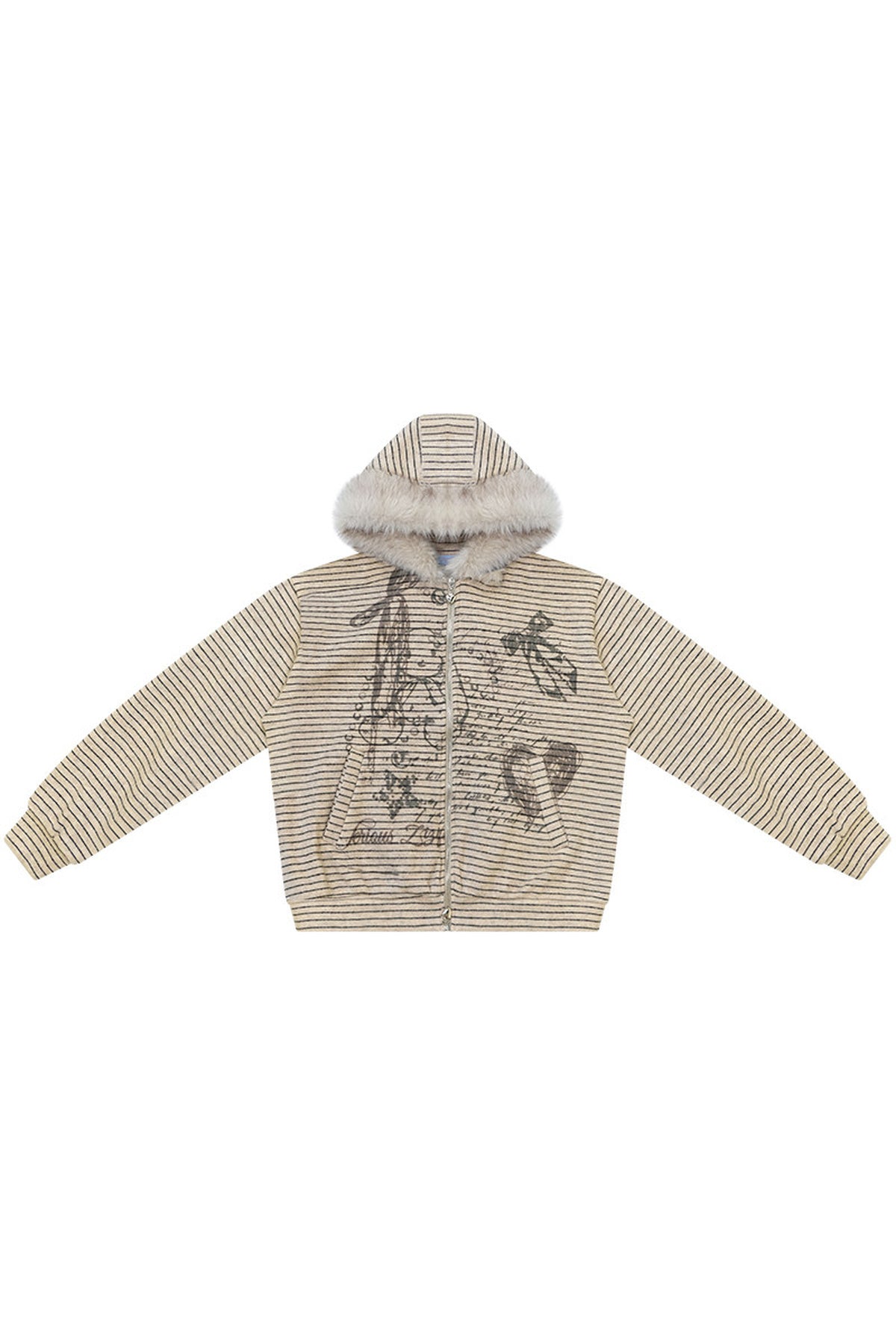 Fur Collar Hooded Striped Graffiti Jacket