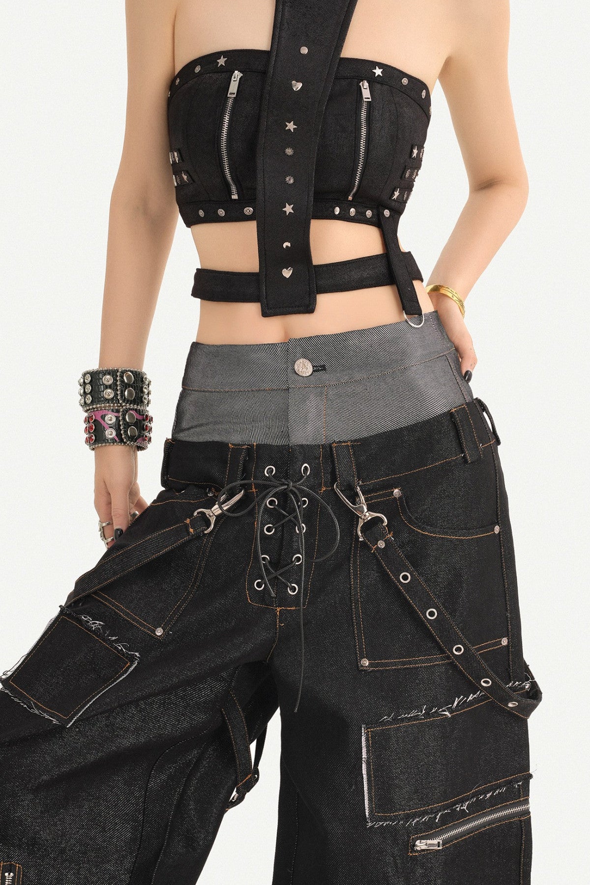 Punk Layered-Look Workwear Jeans