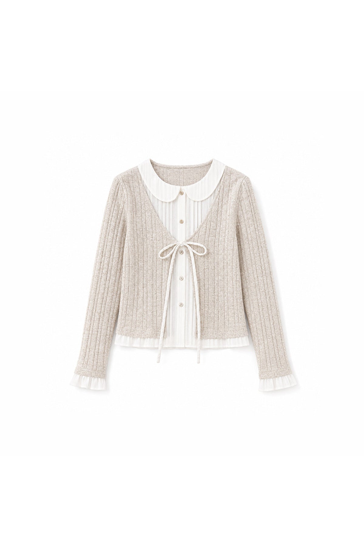 Beige Wool Tie-Up Doll Collar Knit Cardigan Top