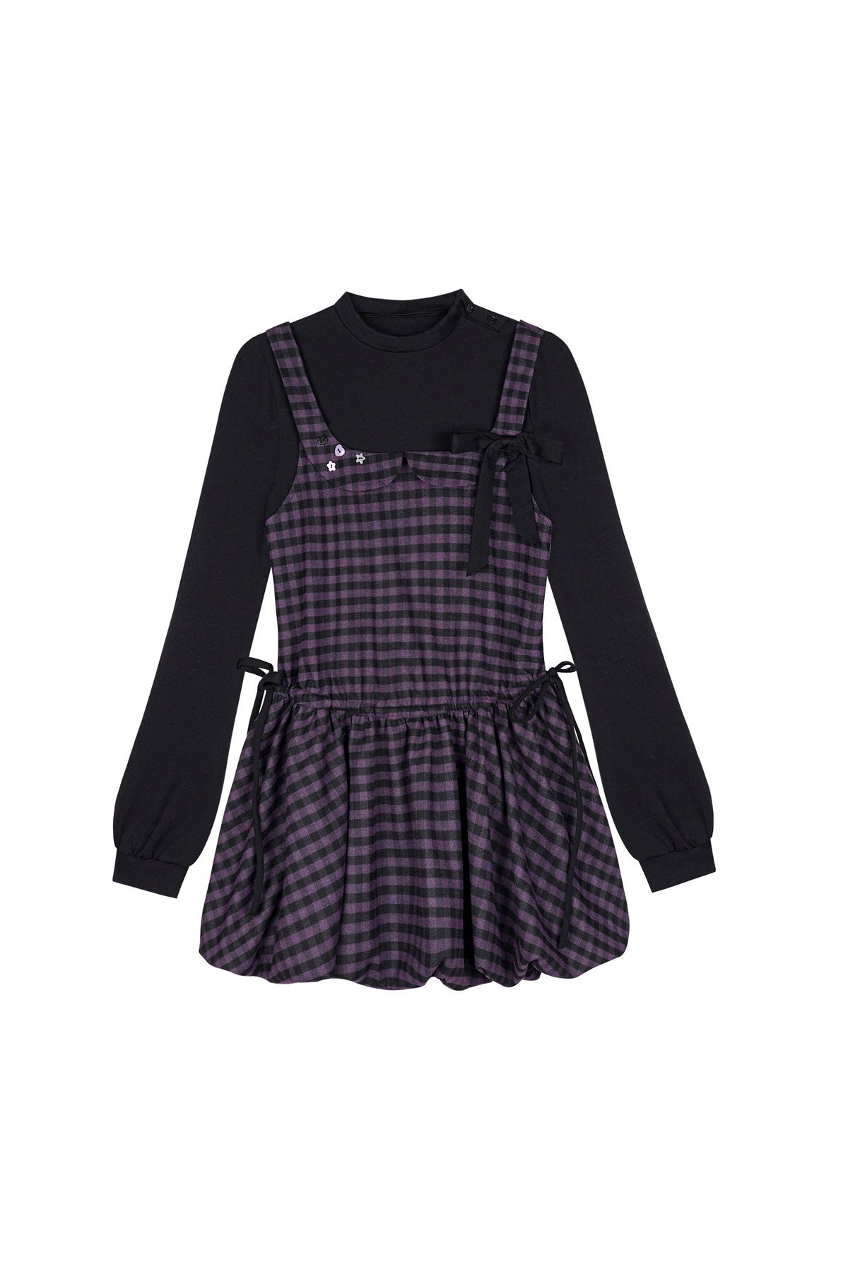 Retro Plaid Long Sleeve Flower Bud Dress