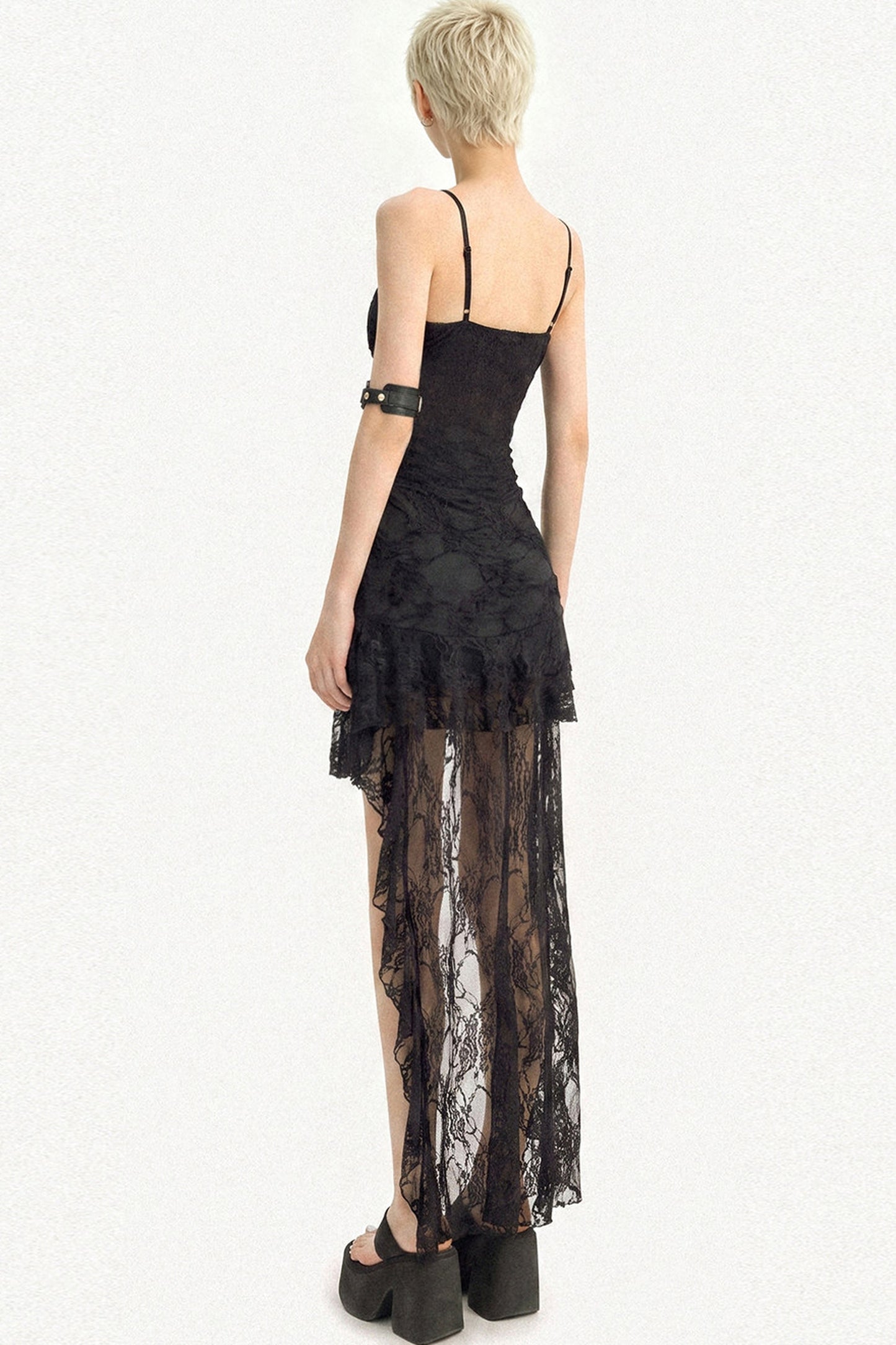 Irregular Hem Black Lace Suspender Dress