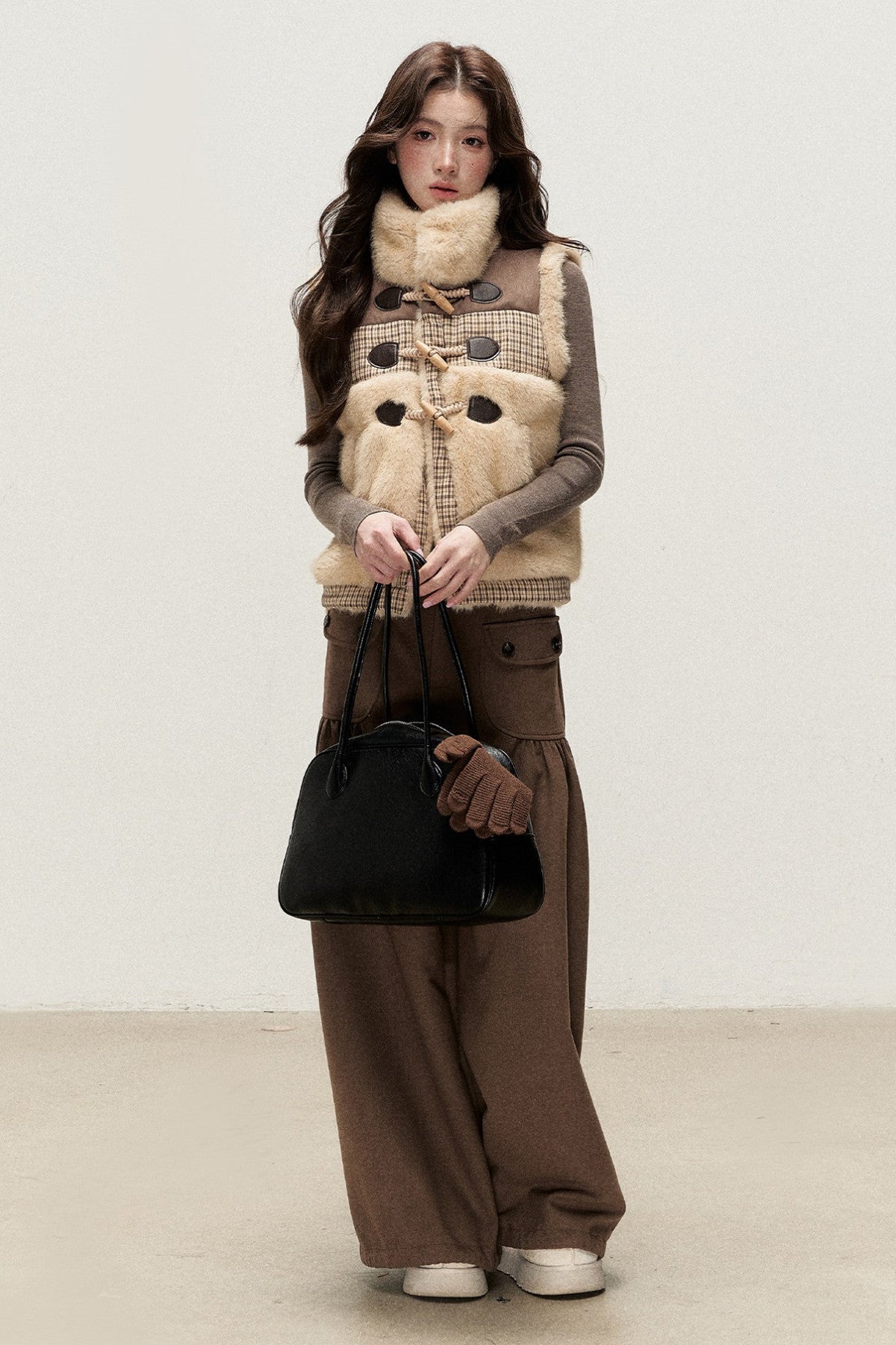 Retro Plaid Faux Fur Toggle Vest