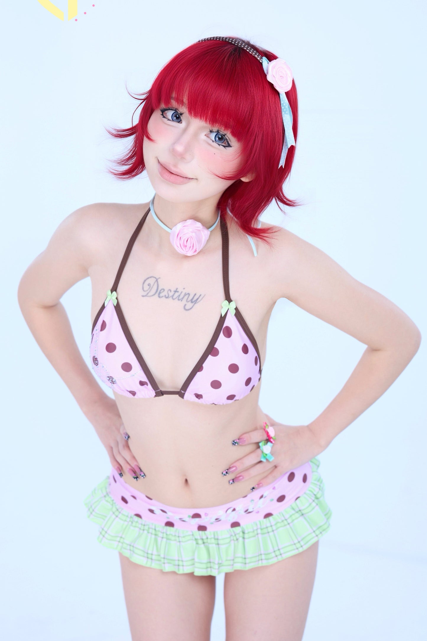 Pink Brown Polka Dot Rhinestone Ruffle Swimsuit