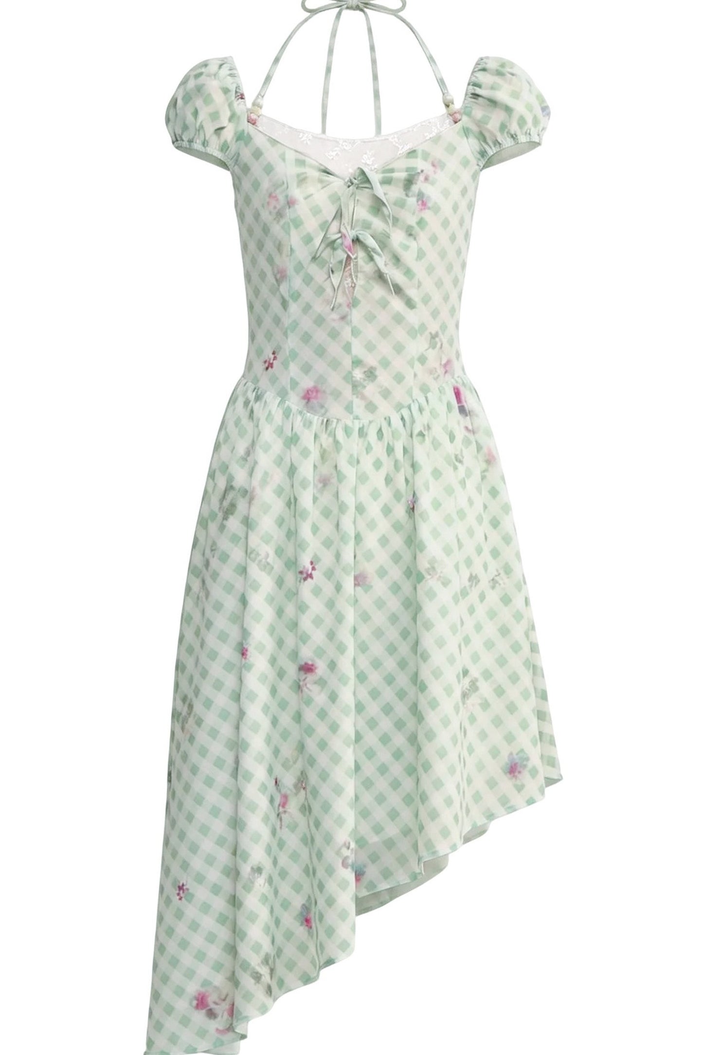 Mint Green Plaid Floral Lace Dress