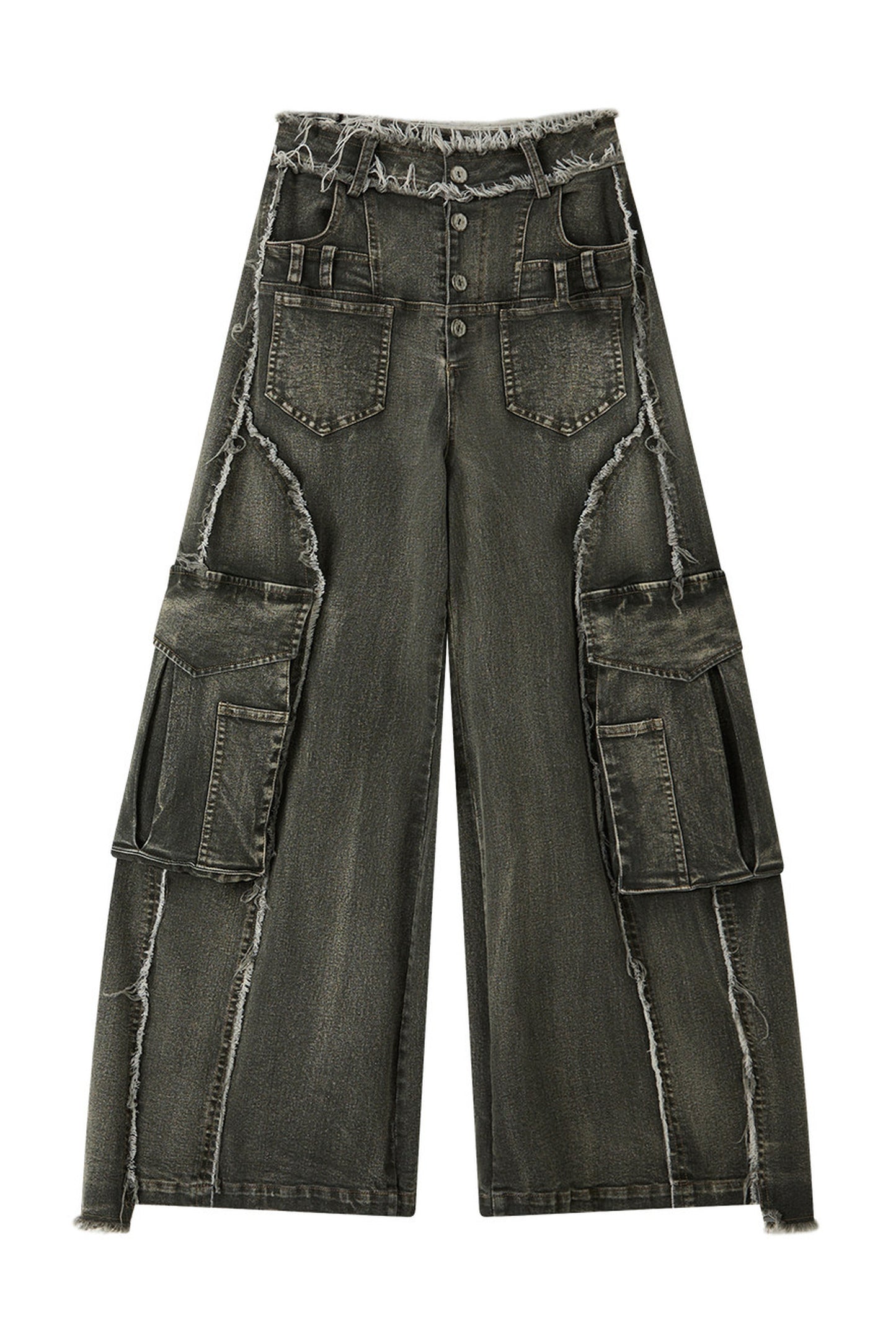 Vintage Washed Wide-Leg Large Patch Pockets Jeans