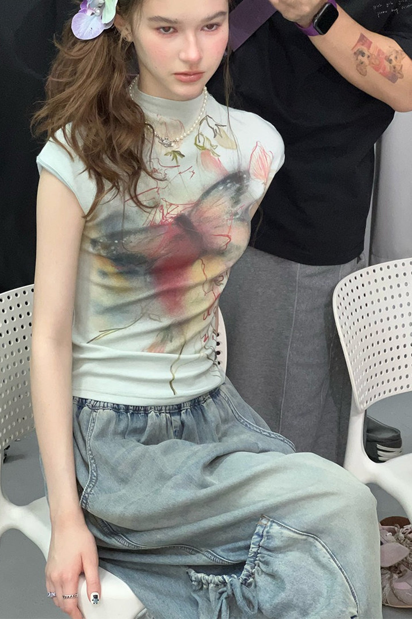 Watercolor Butterfly Print Short Sleeve Top