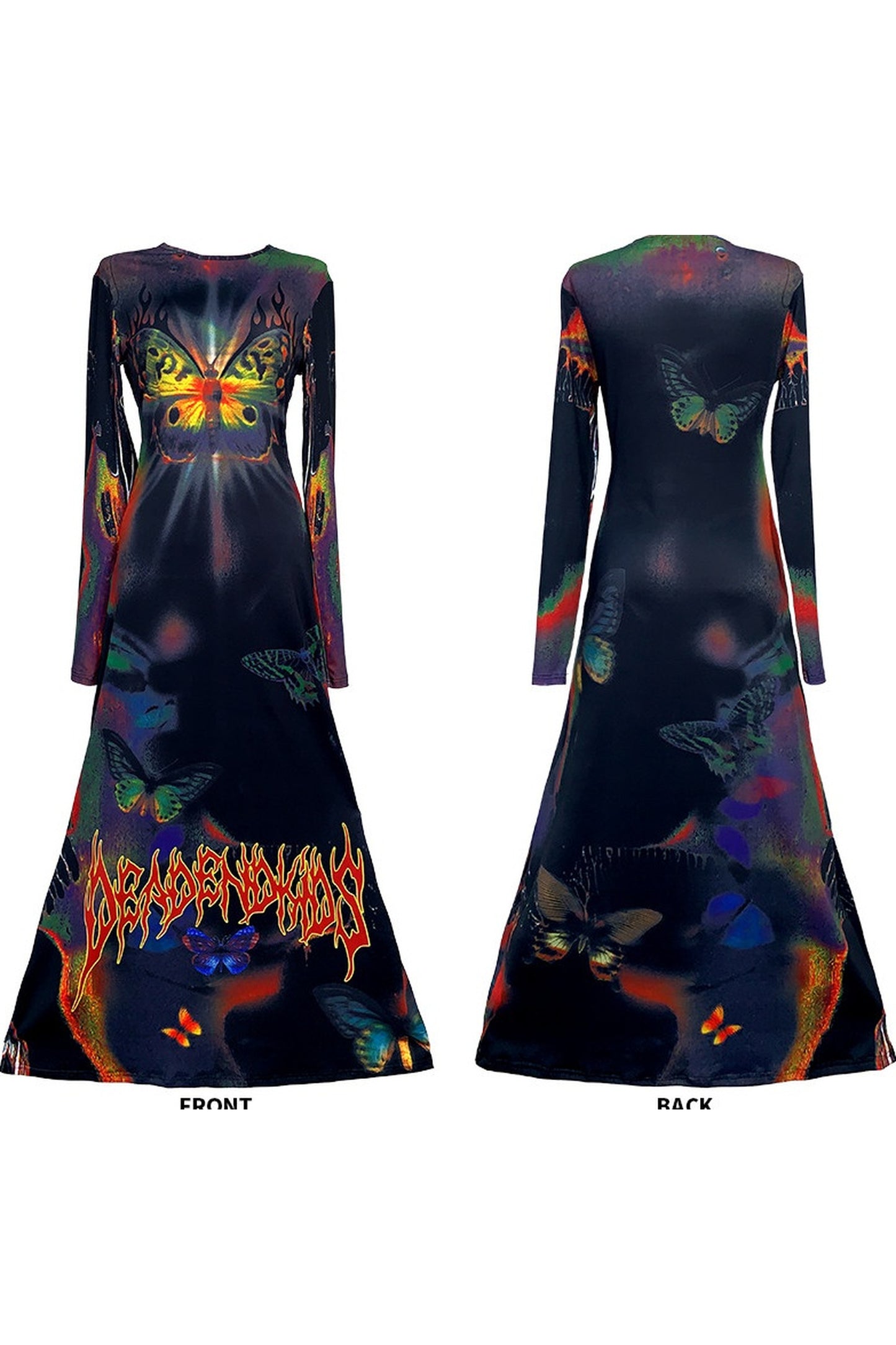 Butterfly Print Flame Long-Sleeved Dress