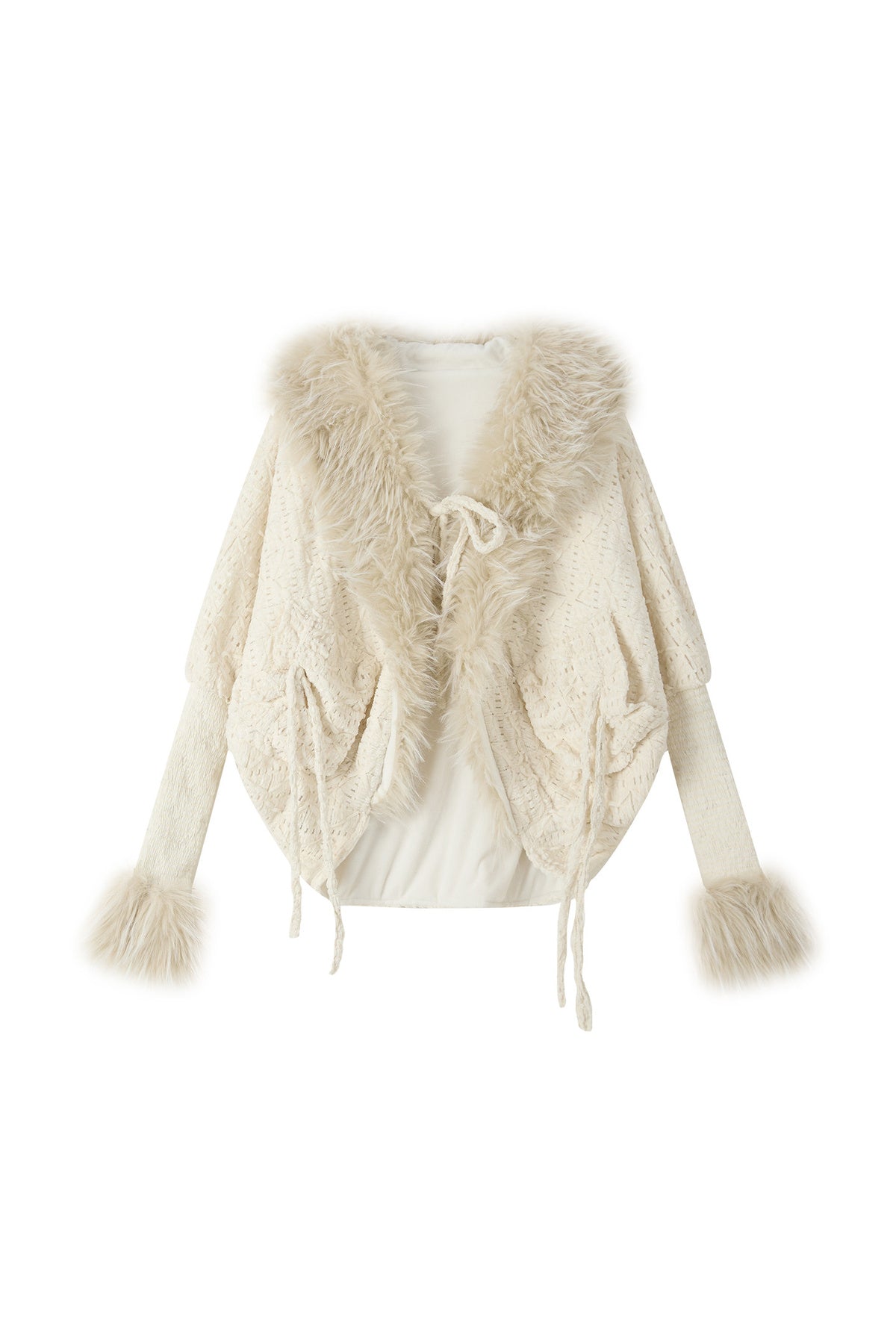 Beige Fur Collar Batwing Knit Jacket