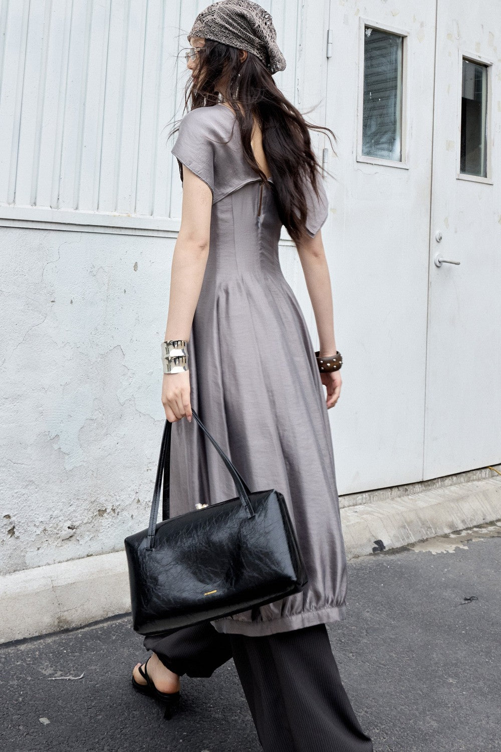Glossy Balloon Scarf Collar Dress