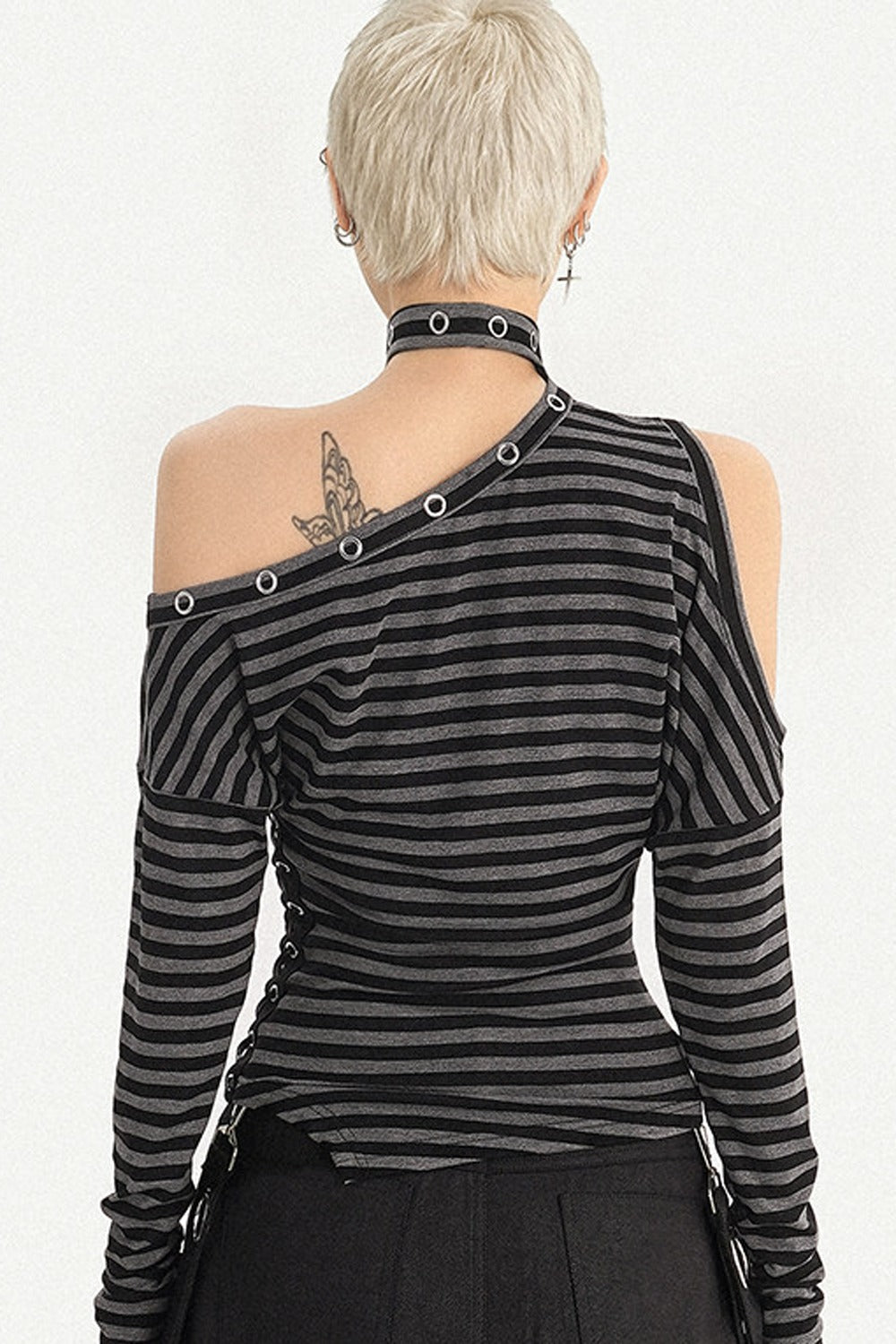 Off-Shoulder Striped Wing Print T-Shirt