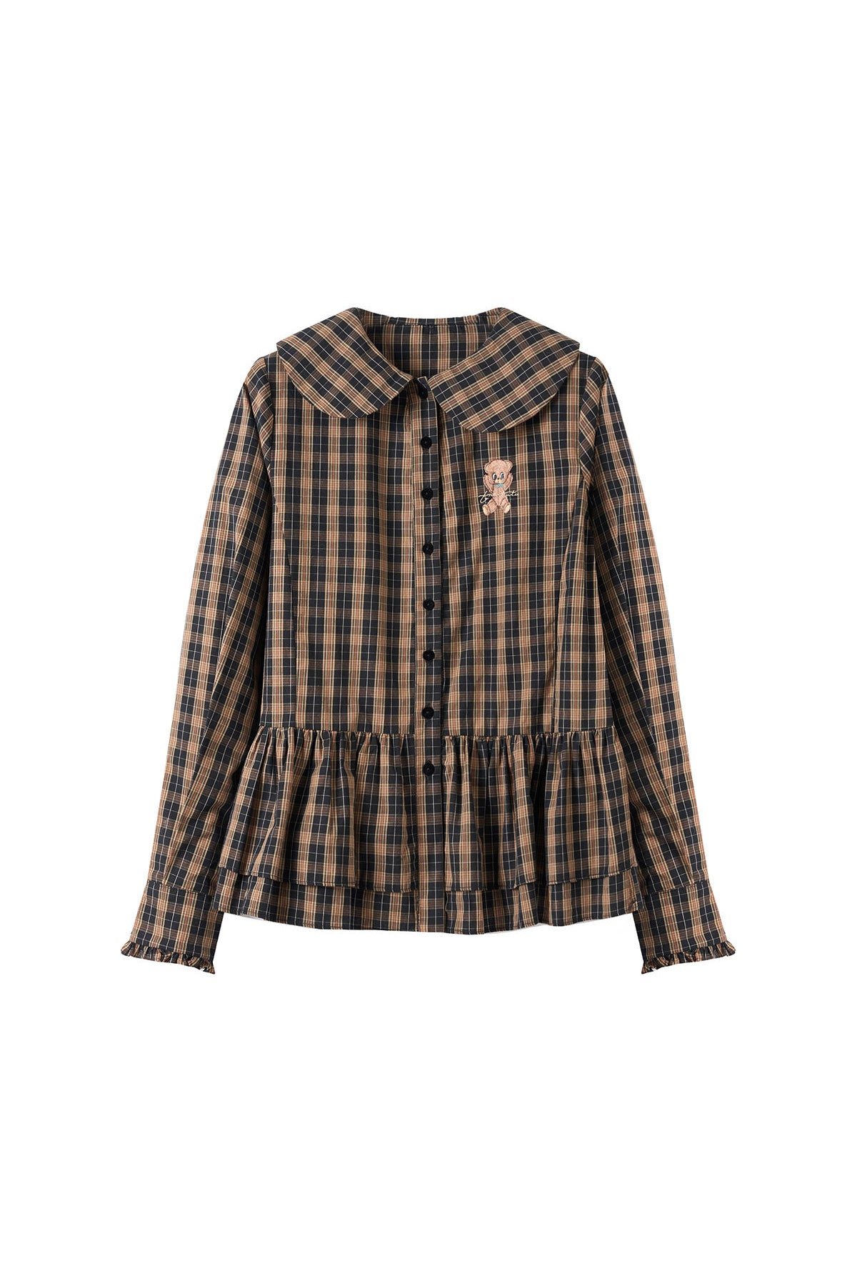 Brown Plaid Doll Collar Cotton Shirt