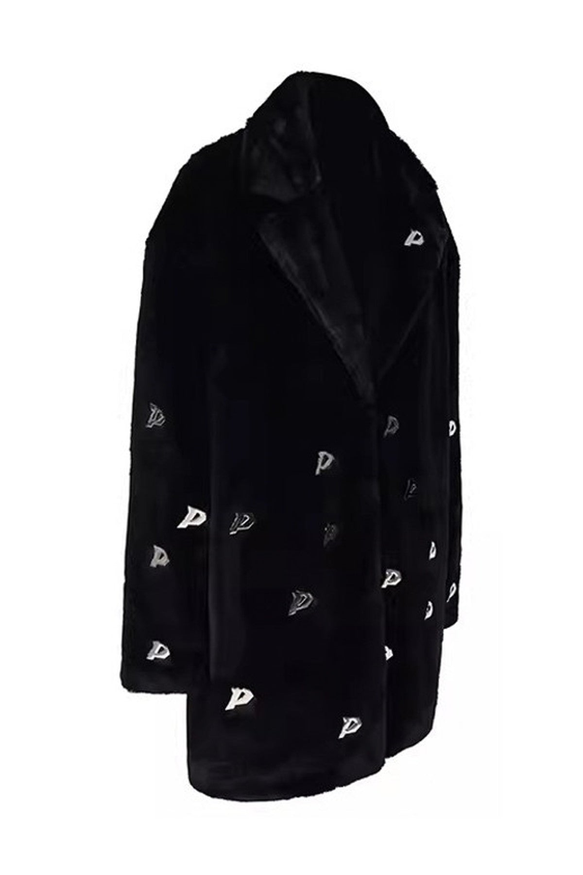 Letter Quilted Shoulder Pads Genderless Black Fur Jacket