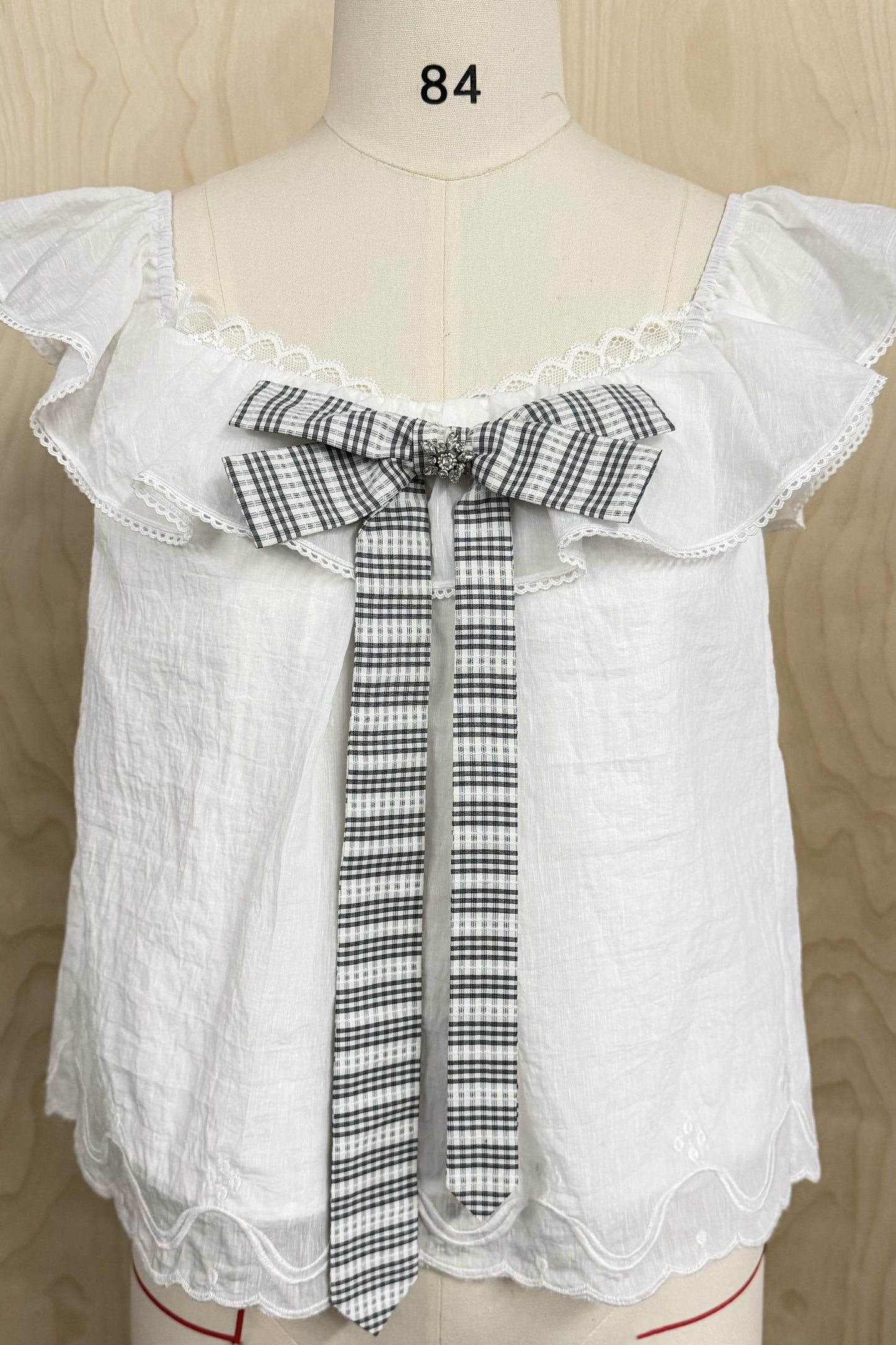 Ruffled Flutter Sleeve Plaid Bow Top