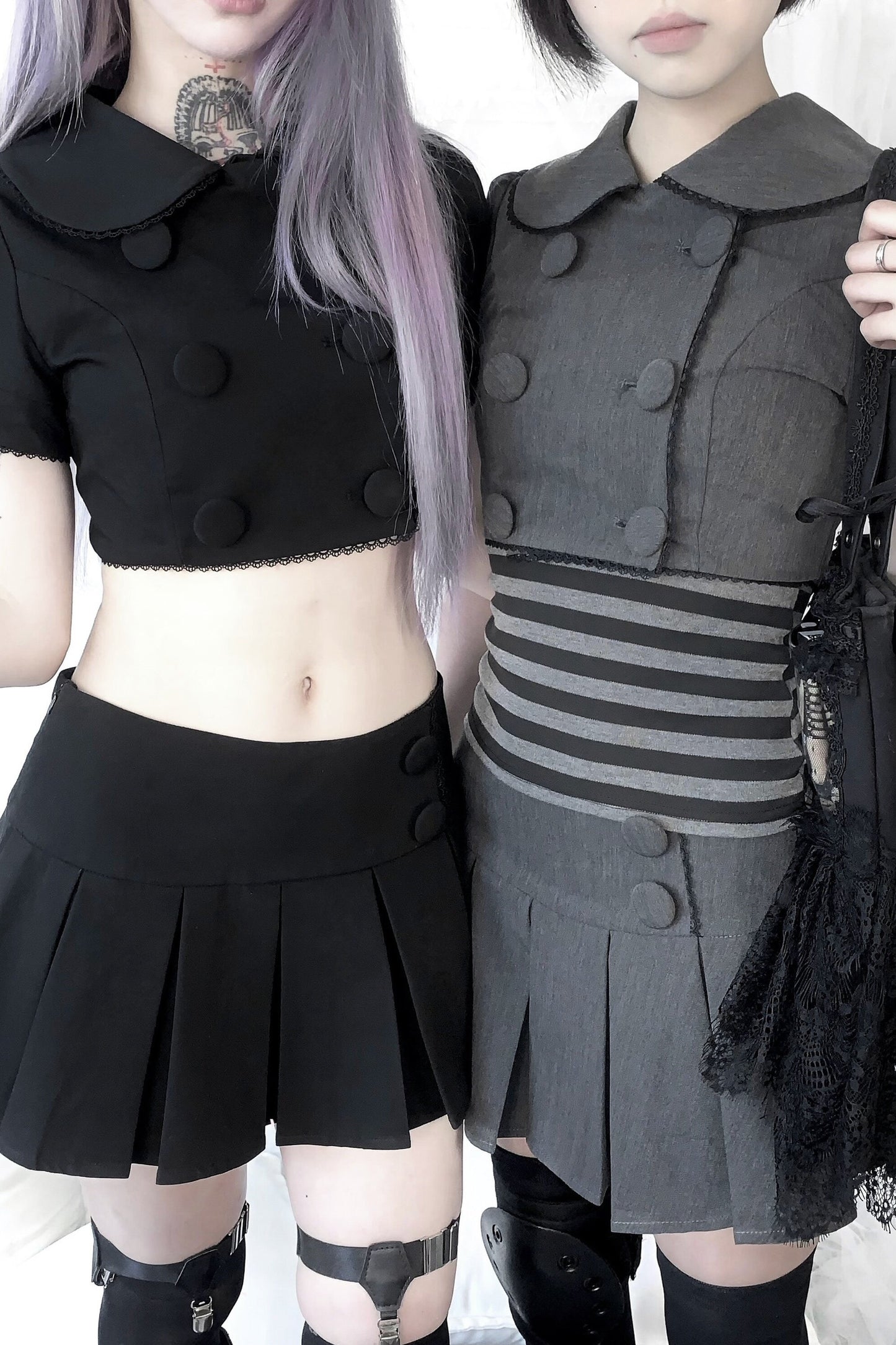 Black Grey Suit Jacket Pleated Skirt Set With Striped Vest Set-Up
