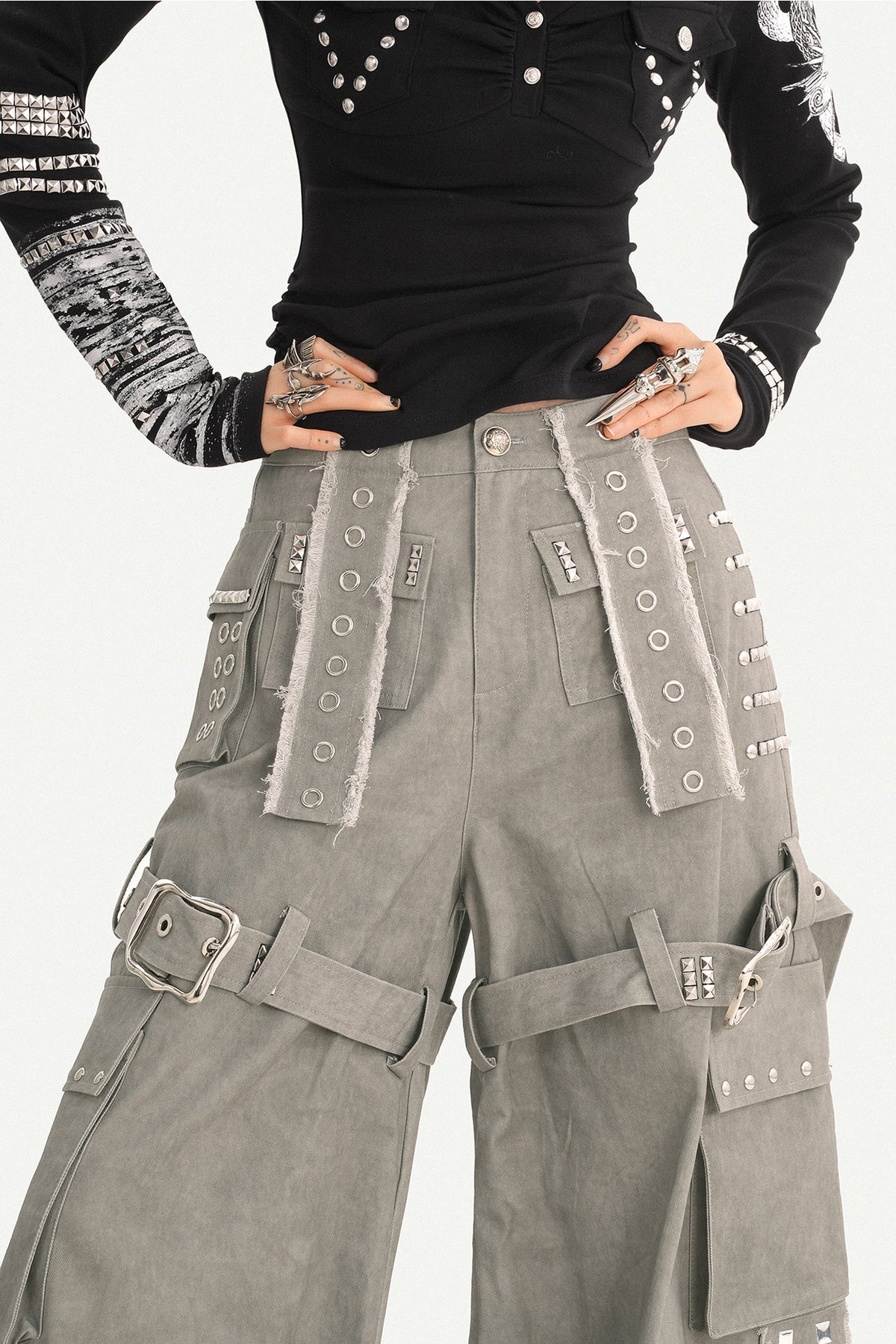 Gray Multi-Pocket Belt Wide-Leg Pants