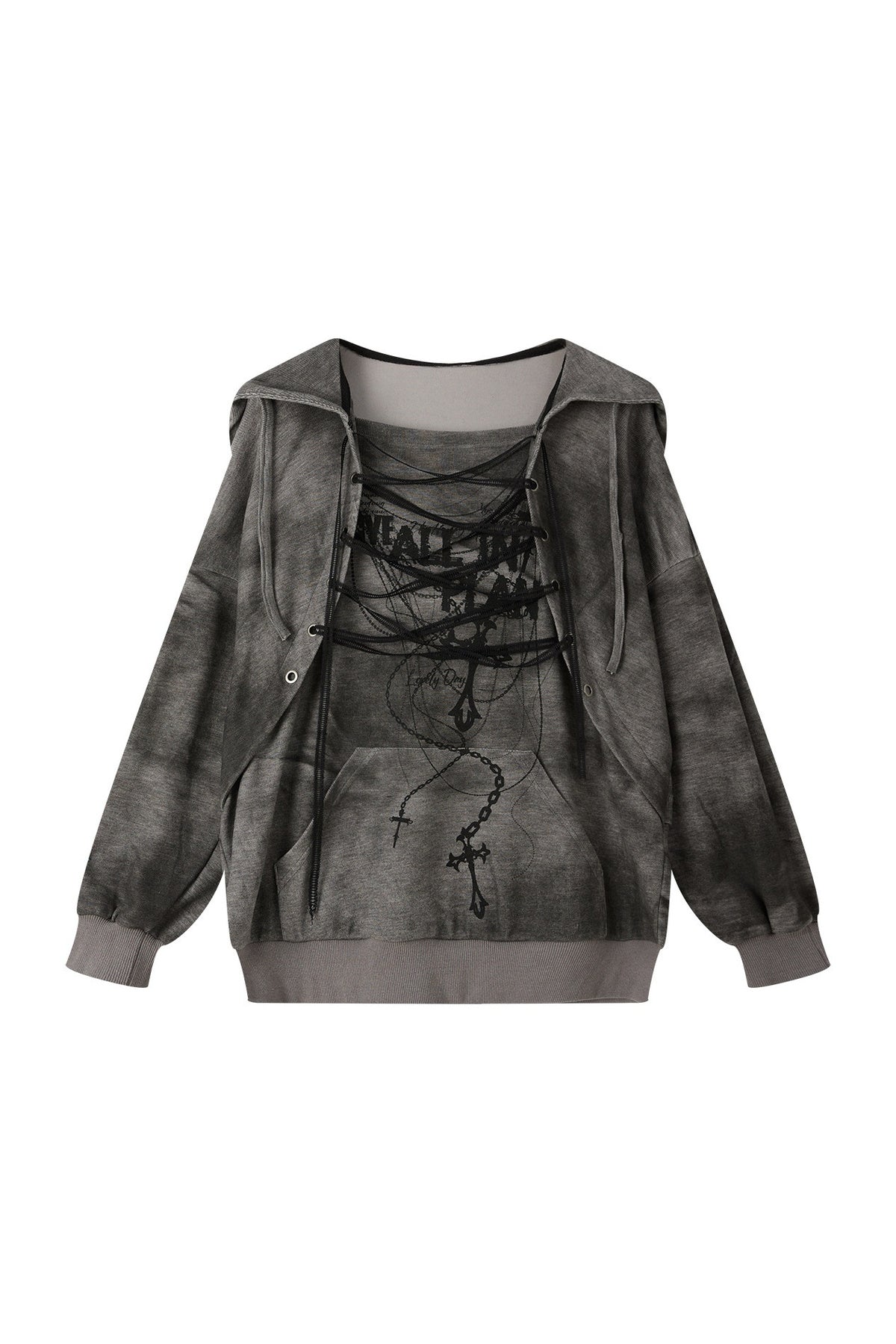 Distressed Drawstring Cross Print Hooded Pullover Sweatshirt