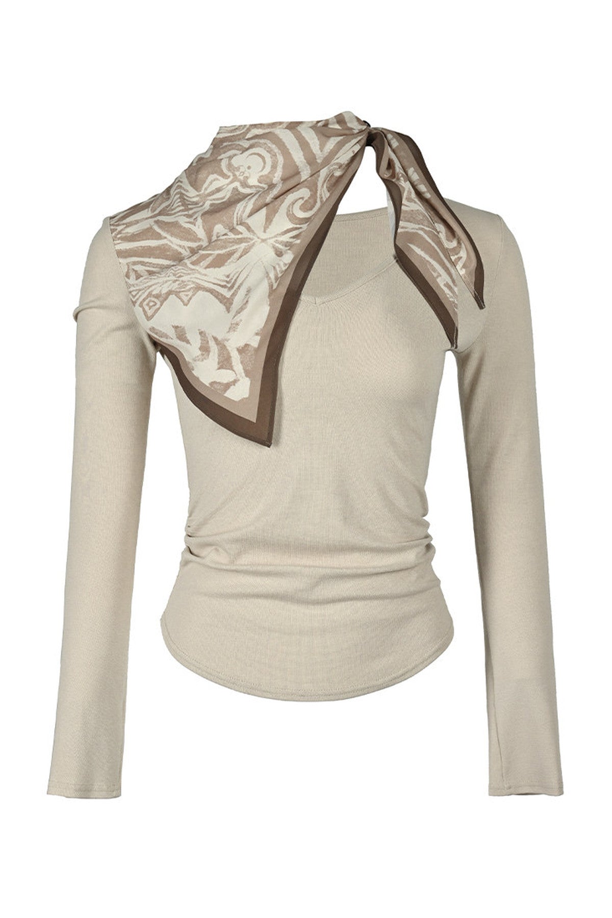 Printed Scarf Spliced Layered-Look Long-Sleeved Shirt